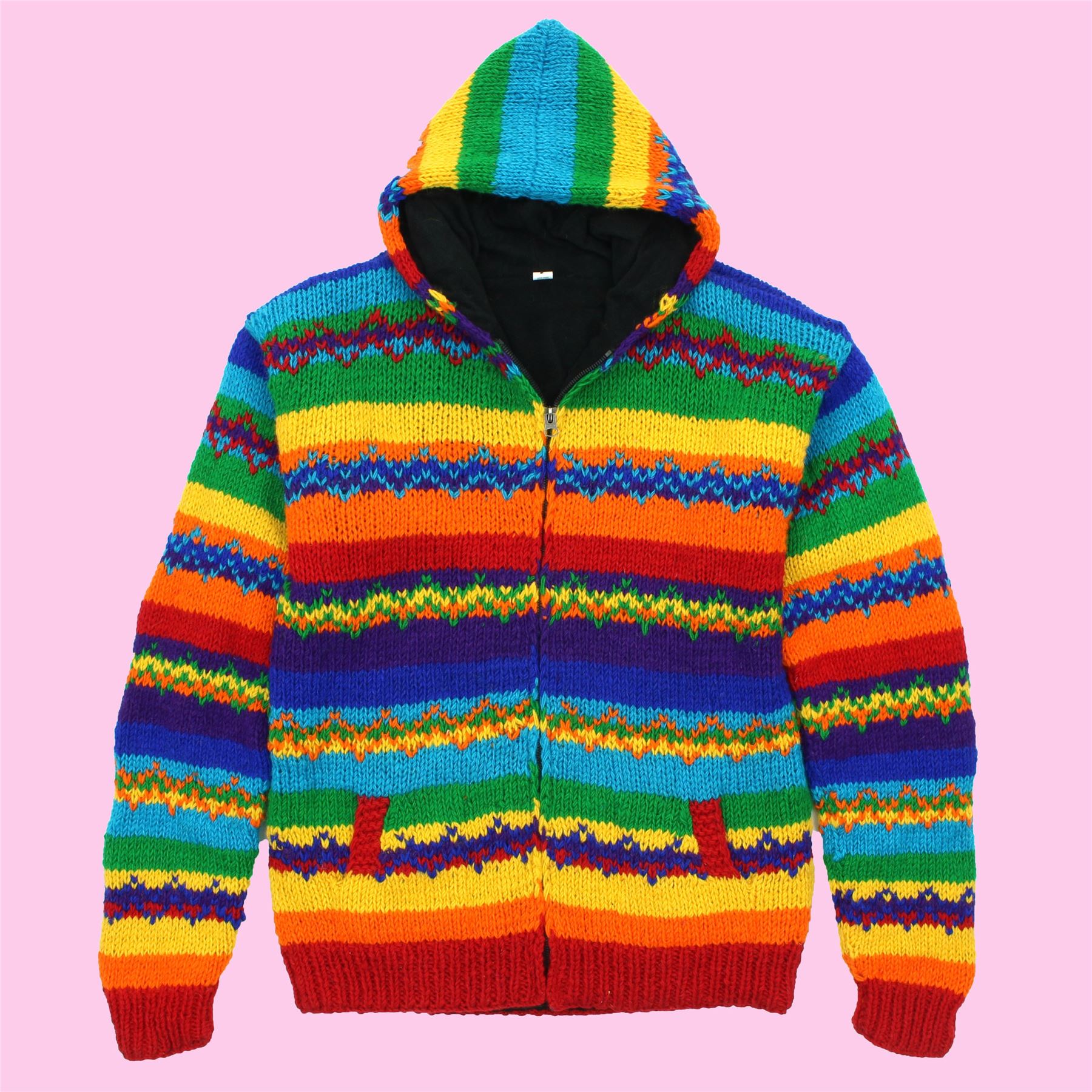 Hand Knitted Wool Hooded Jacket Cardigan Hoody Hoodie Nepal Warm Lined Ethnic - Picture 67 of 71