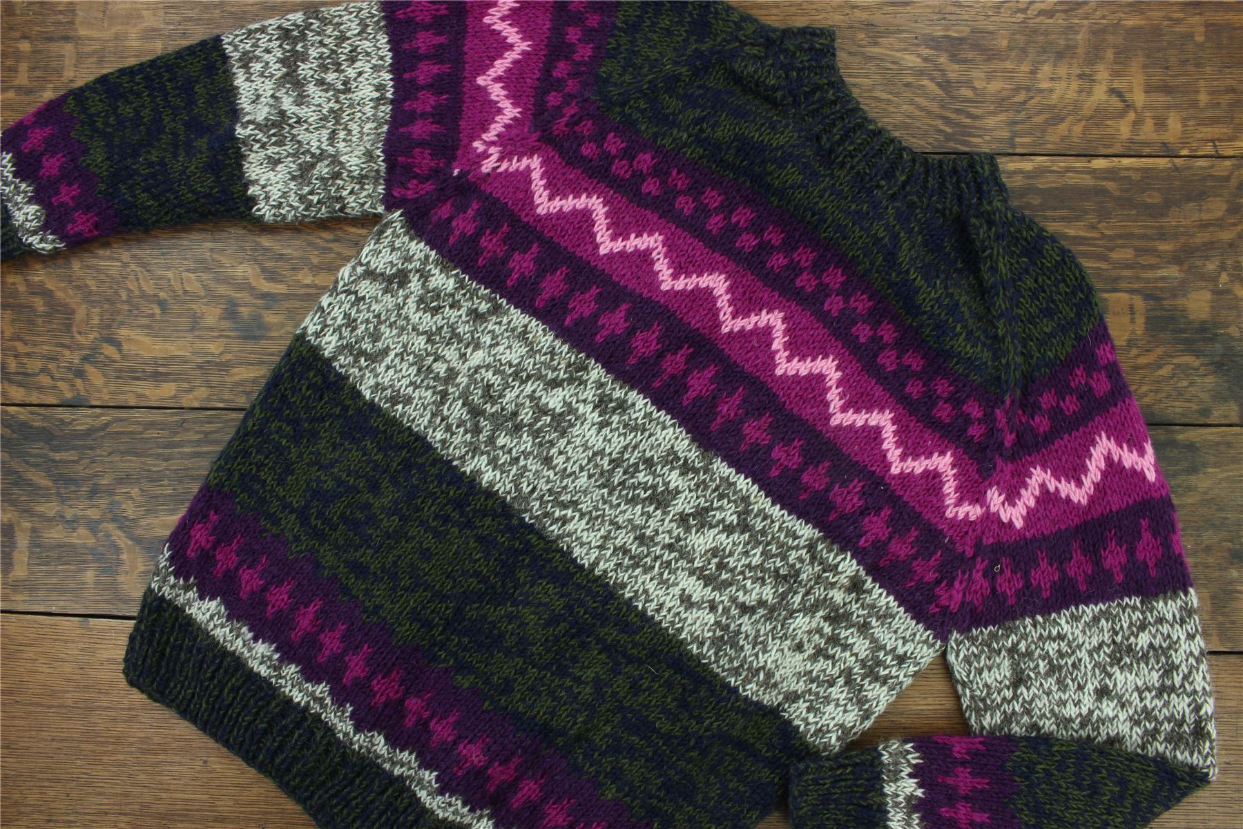 Wool Knit Jumper Sweater Pullover Fairisle Nordic Abstract Warm Nepal Loose - Picture 50 of 81