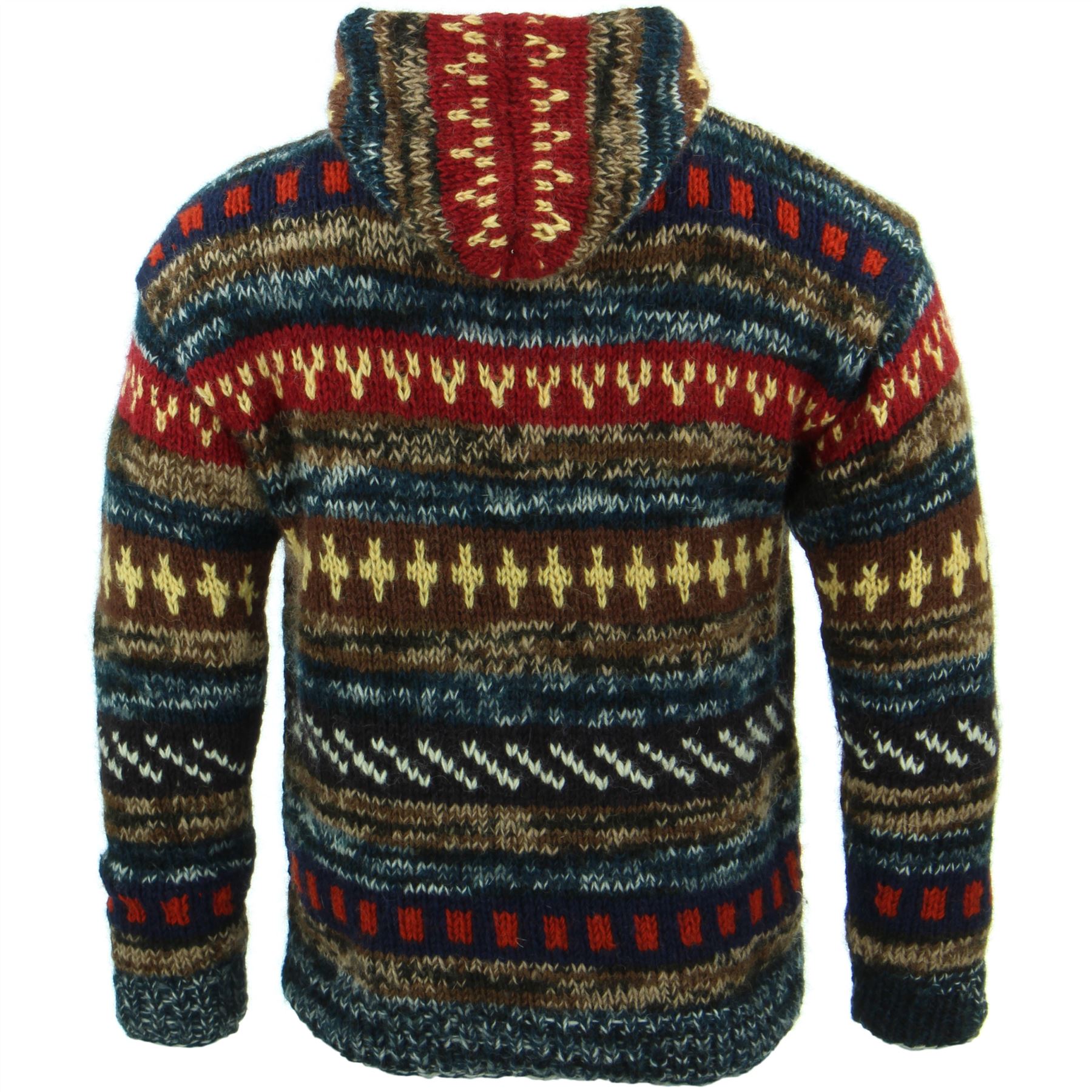 Hand Knitted Wool Hooded Jacket Cardigan Hoody Hoodie Nepal Warm Lined Ethnic - Picture 18 of 71
