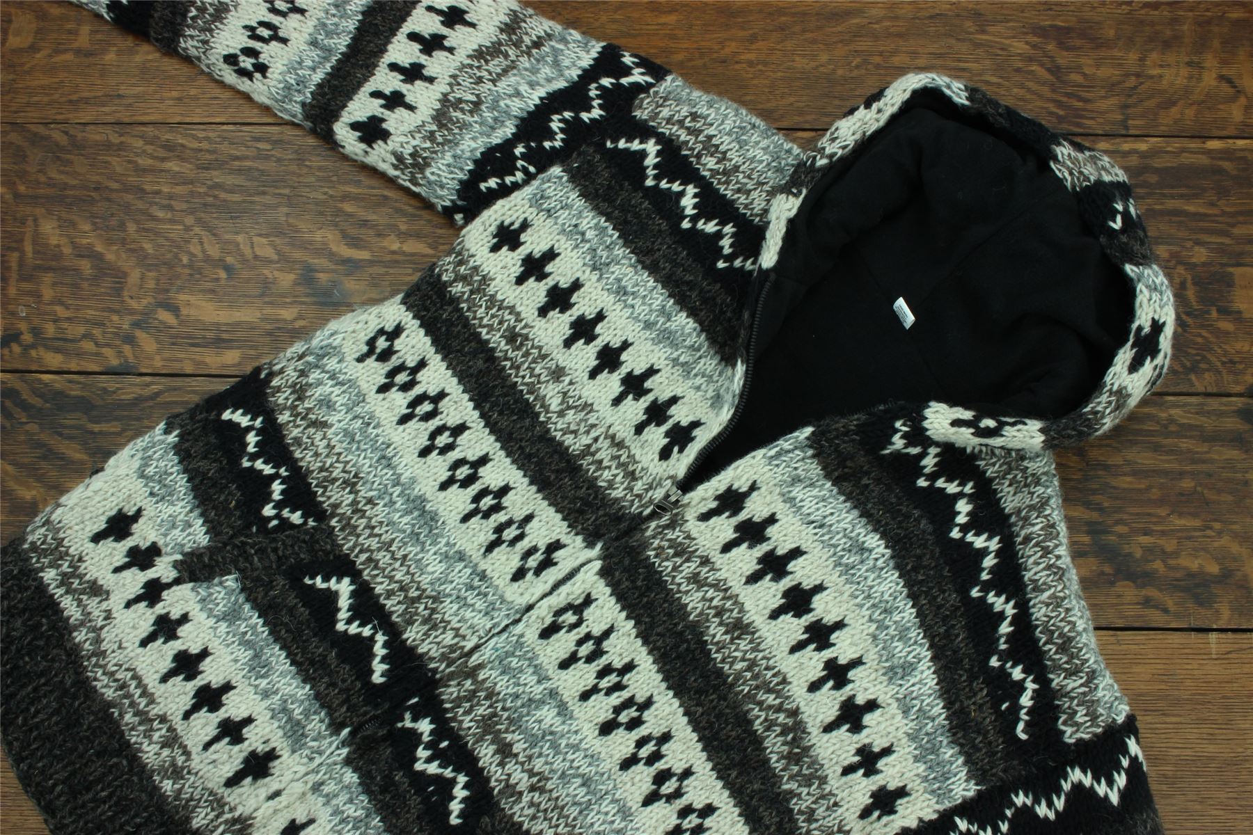 Hand Knitted Wool Hooded Jacket Cardigan Hoody Hoodie Nepal Warm Lined Ethnic - Picture 25 of 71