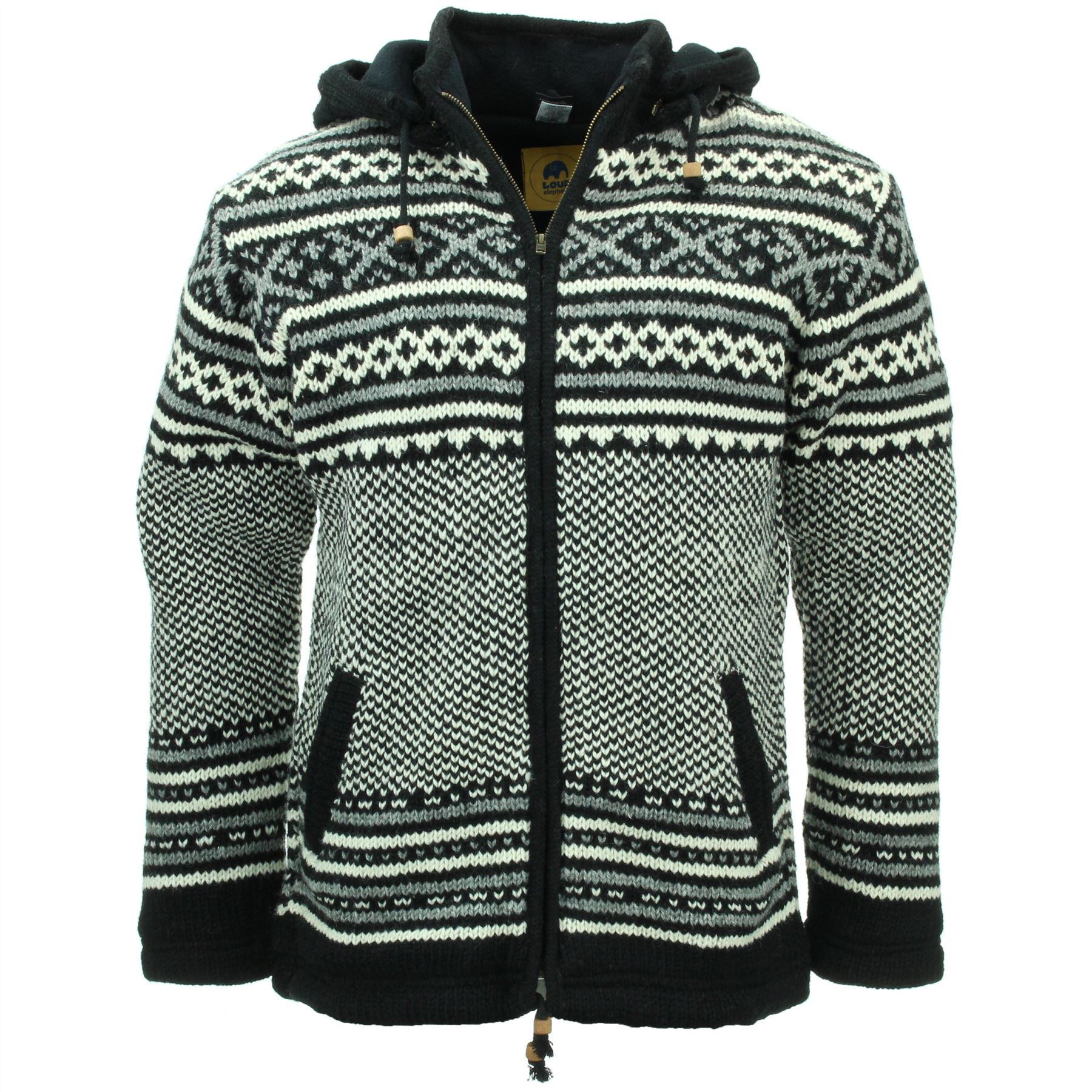 Hand Knitted Wool Hooded Jacket Cardigan Hoodie Nepal Warm Lined Boho Zip - Picture 46 of 100