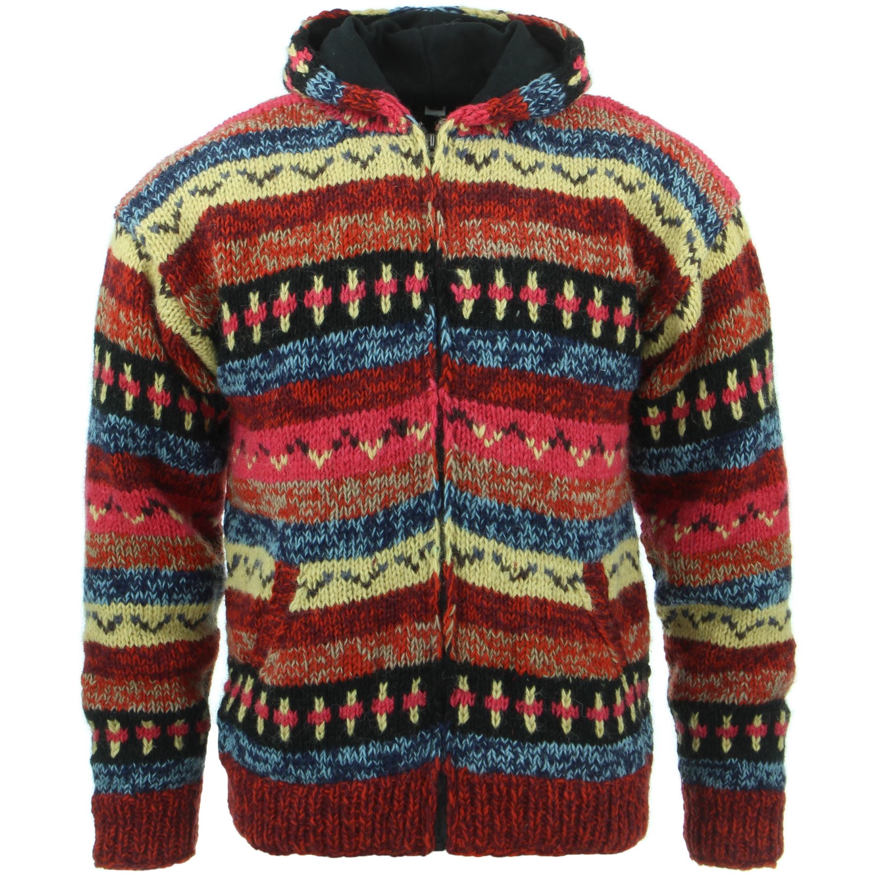Hand Knitted Wool Hooded Jacket Cardigan Hoody Hoodie Nepal Warm Lined Ethnic - Picture 30 of 71