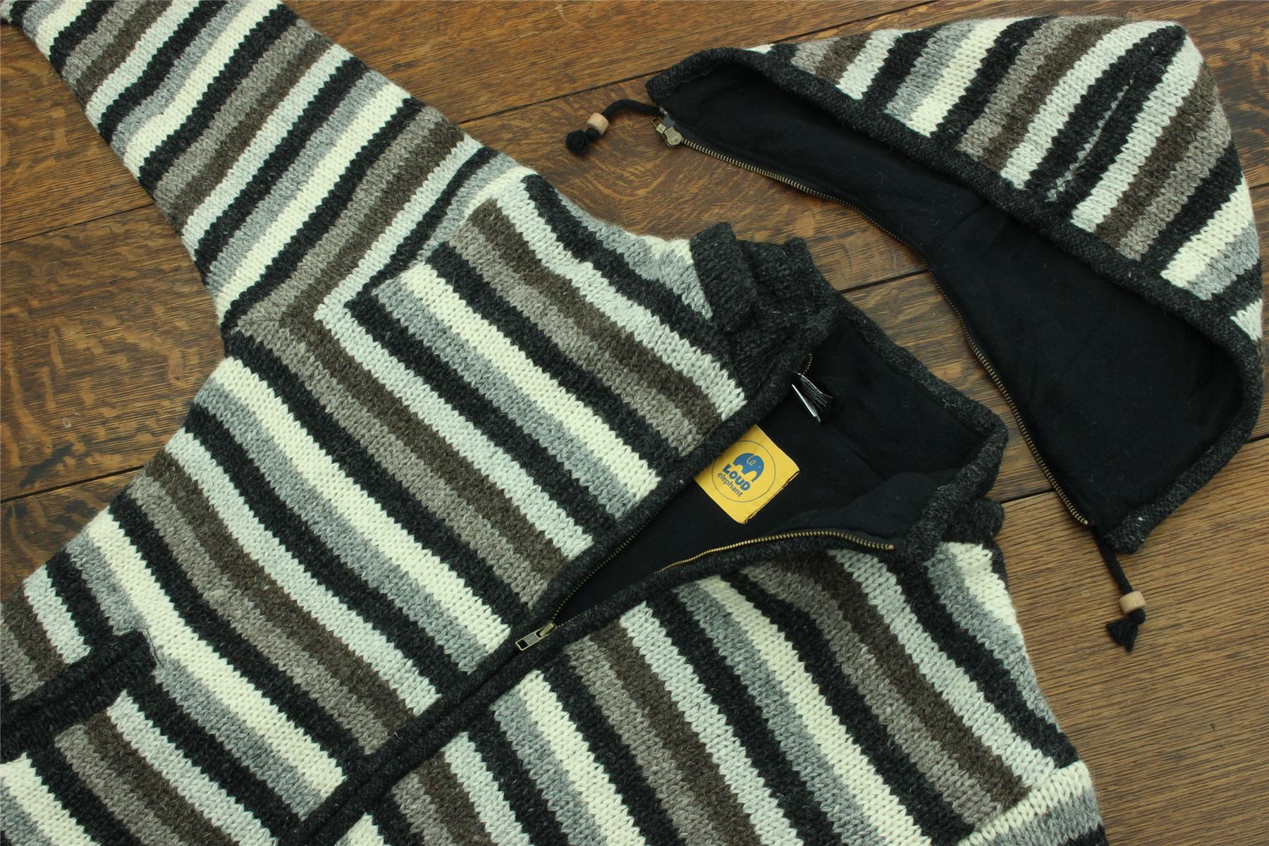 Hand Knitted Wool Hooded Jacket Cardigan Hoodie Nepal Warm Lined Boho Zip - Picture 29 of 100