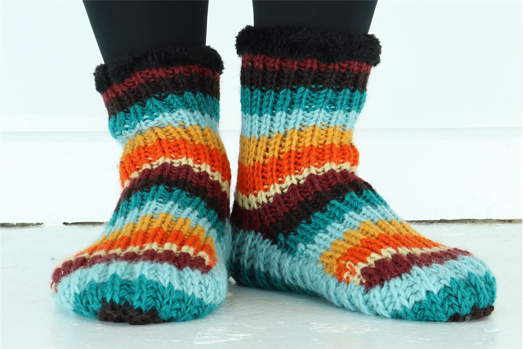 Handgestrickte Wolle Hausschuhe Socken Sherpa Futter Handarbeit warm UK 3-8 EU 36-42 - Bild 57 von 65