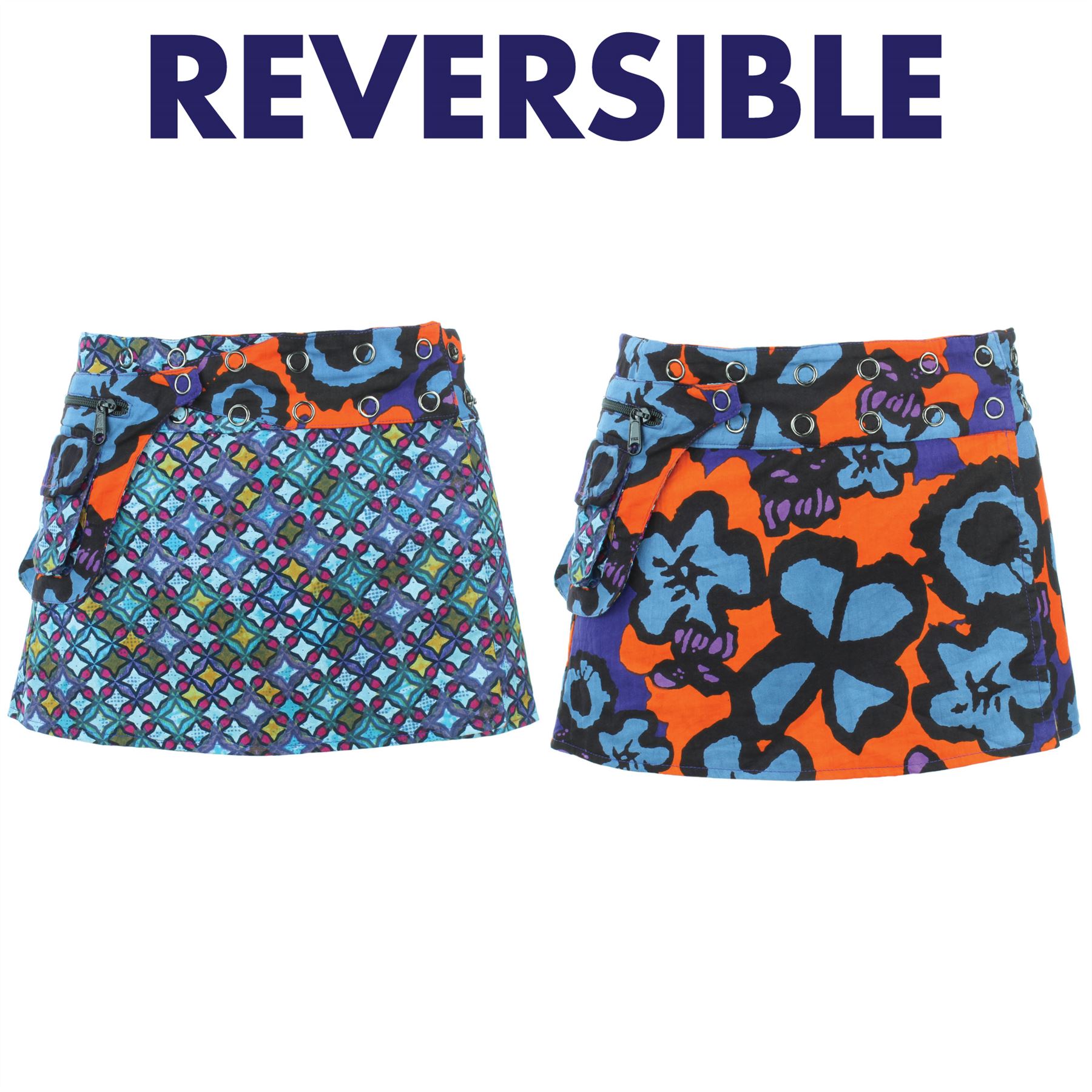 Hippie Bohemian Short Popper Childrens Skirt Boho Pocket Wrap Reversible Stud - Picture 18 of 56