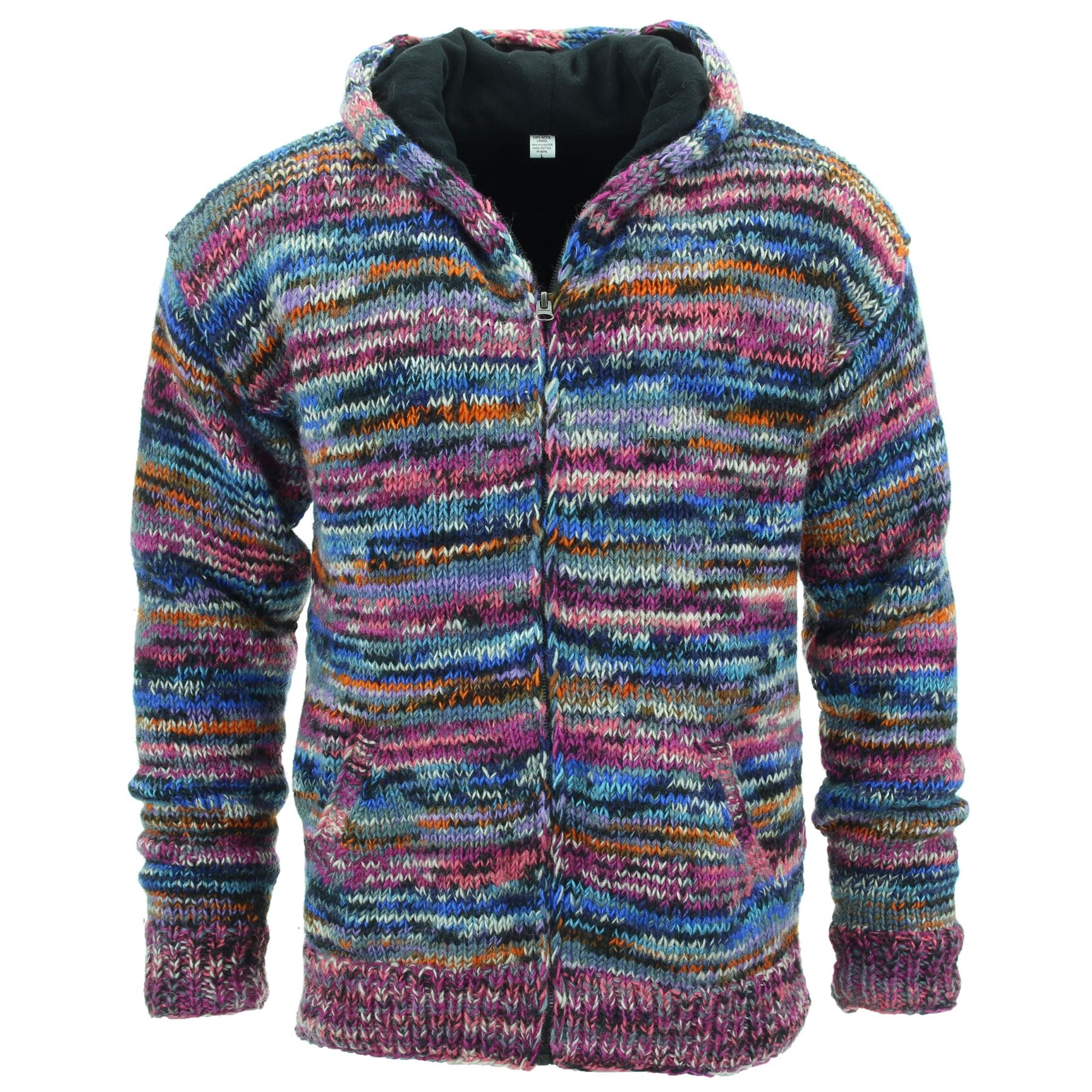Hand Knitted Wool Hooded Jacket Cardigan Hoody Hoodie Nepal Warm Lined Ethnic - Picture 49 of 71