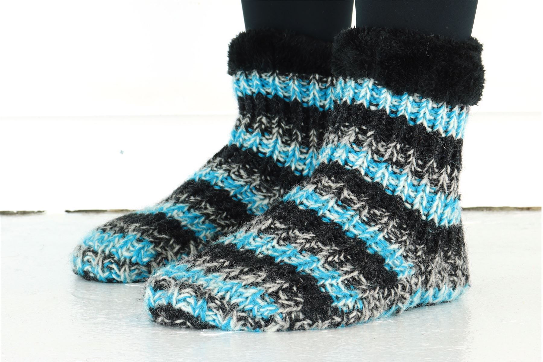 Handgestrickte Wolle Hausschuhe Socken Sherpa Futter Handarbeit warm UK 3-8 EU 36-42 - Bild 10 von 65