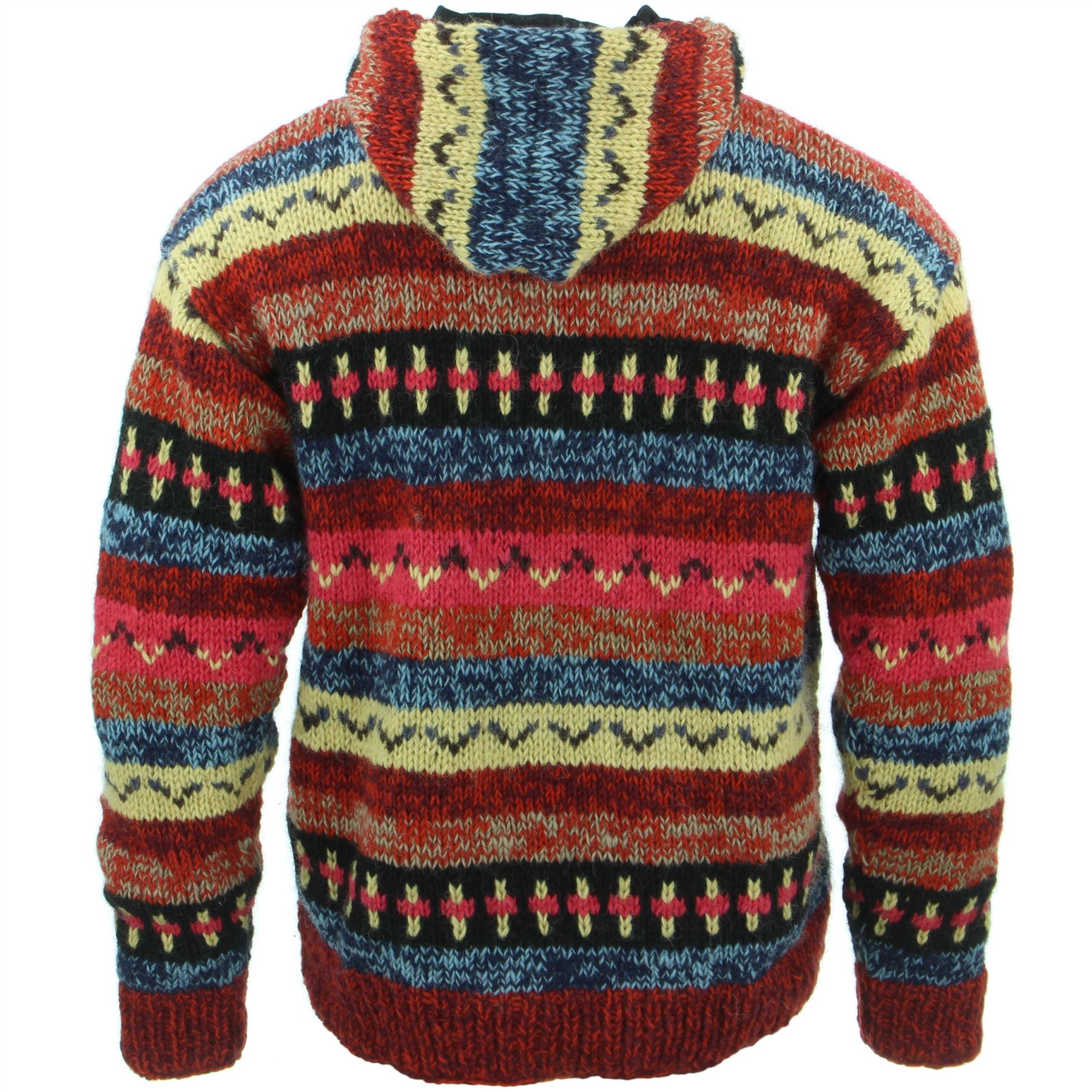 Hand Knitted Wool Hooded Jacket Cardigan Hoody Hoodie Nepal Warm Lined Ethnic - Picture 31 of 71