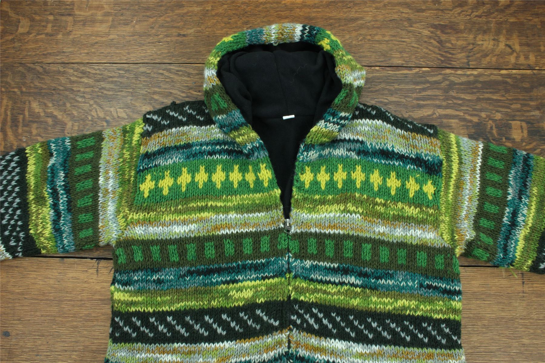 Hand Knitted Wool Hooded Jacket Cardigan Hoody Hoodie Nepal Warm Lined Ethnic - Picture 13 of 71