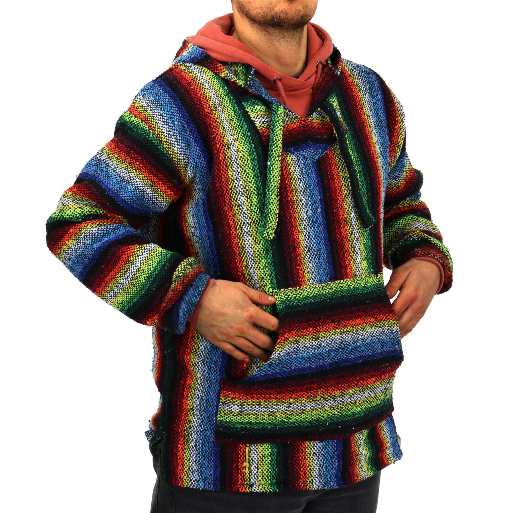 Recycled Mexican Baja Jerga Hoody Sweatshirt Jacket Hooded Warm Hippy Plus Size - Picture 106 of 189