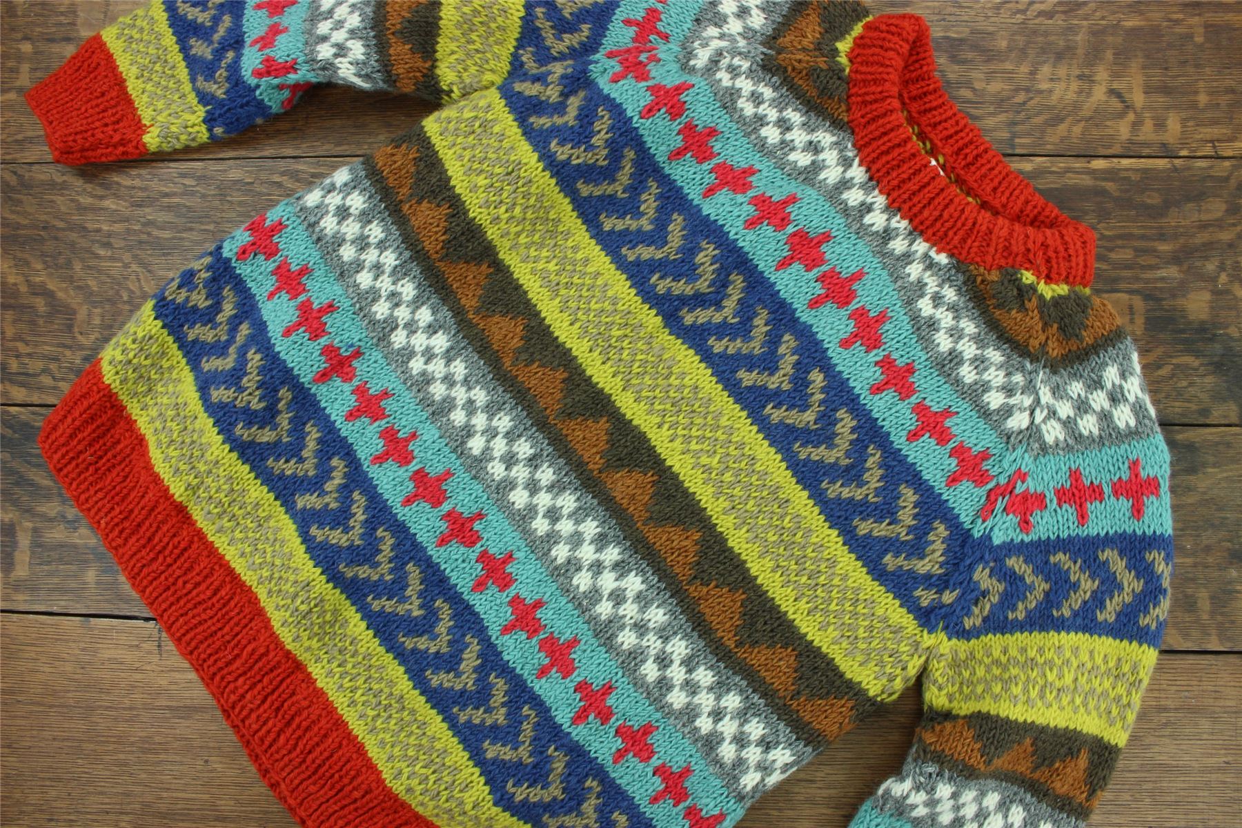 Wool Knit Jumper Sweater Pullover Fairisle Nordic Abstract Warm Nepal Loose - Picture 33 of 81