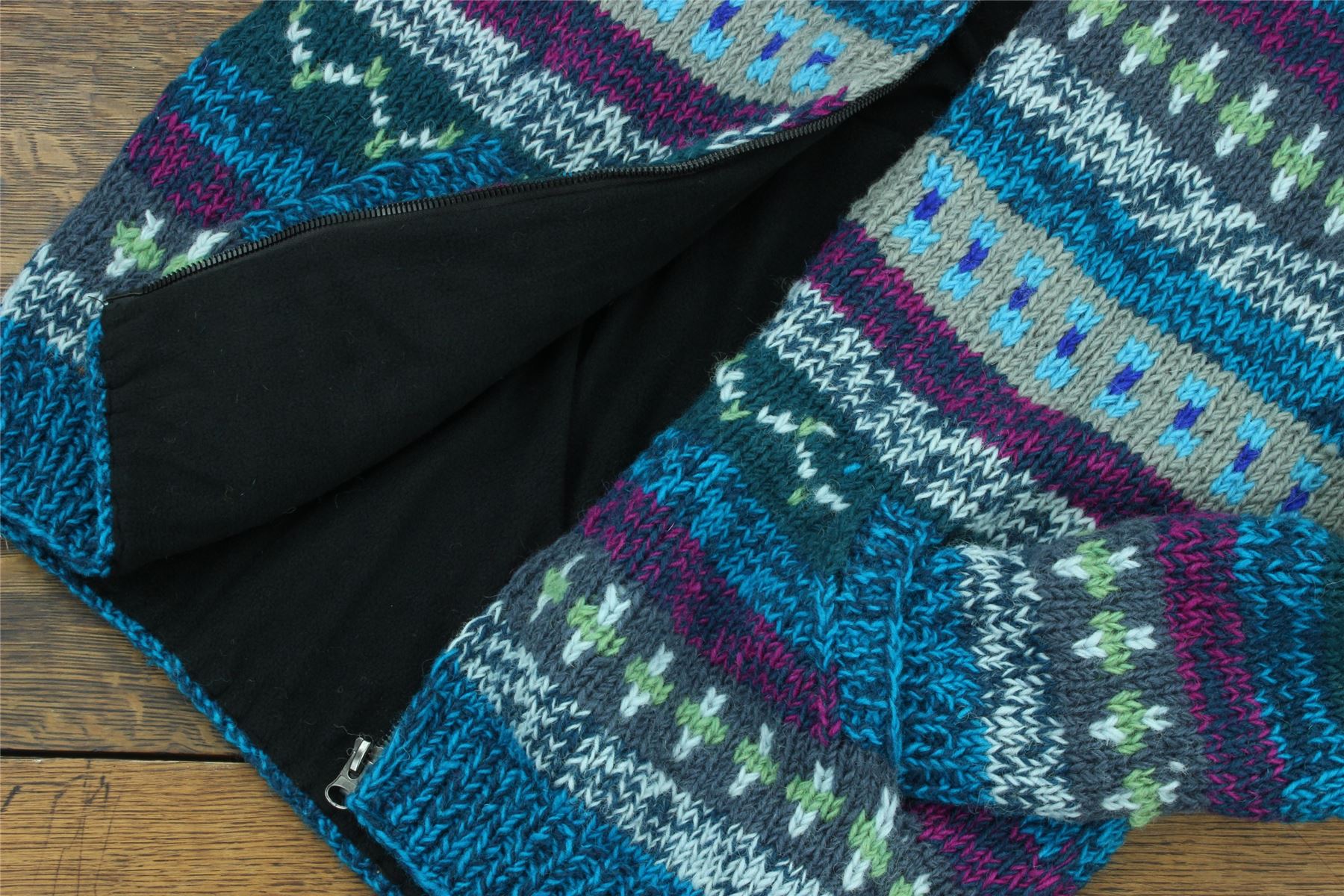 Hand Knitted Wool Hooded Jacket Cardigan Hoody Hoodie Nepal Warm Lined Ethnic - Picture 7 of 71
