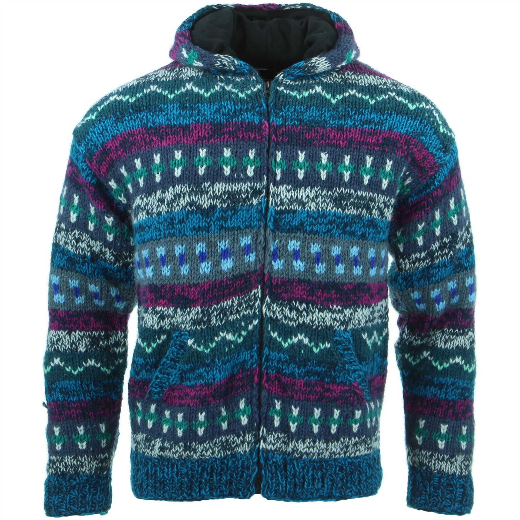 Hand Knitted Wool Hooded Jacket Cardigan Hoody Hoodie Nepal Warm Lined Ethnic - Picture 3 of 71