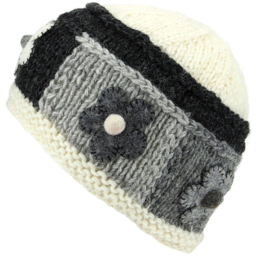 Wool Knit Beanie Hat Ladies Women Warm Winter Knitted Flower Patch Lined - Picture 8 of 13