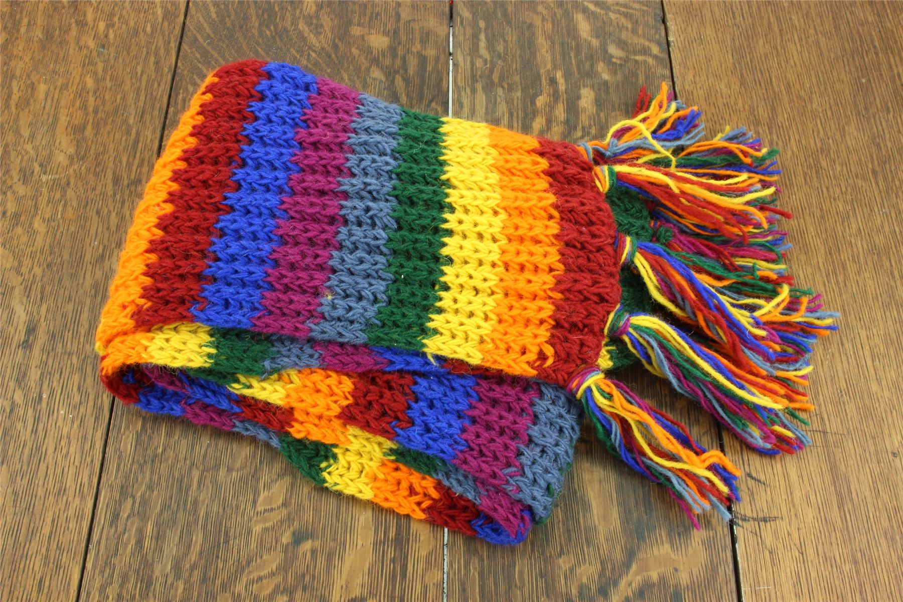 Hand Knitted Wool Scarf Woolly Warm Winter Cosy Stripe Space Dye Rainbow Pattern - Picture 5 of 97