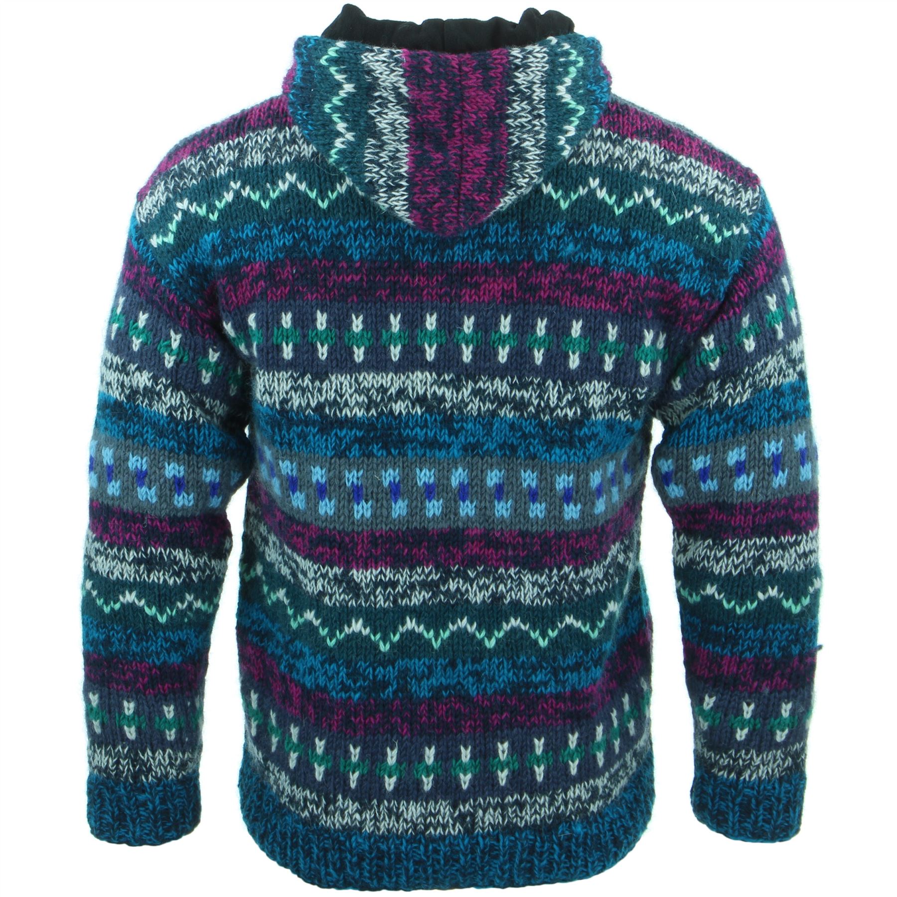 Hand Knitted Wool Hooded Jacket Cardigan Hoody Hoodie Nepal Warm Lined Ethnic - Picture 4 of 71