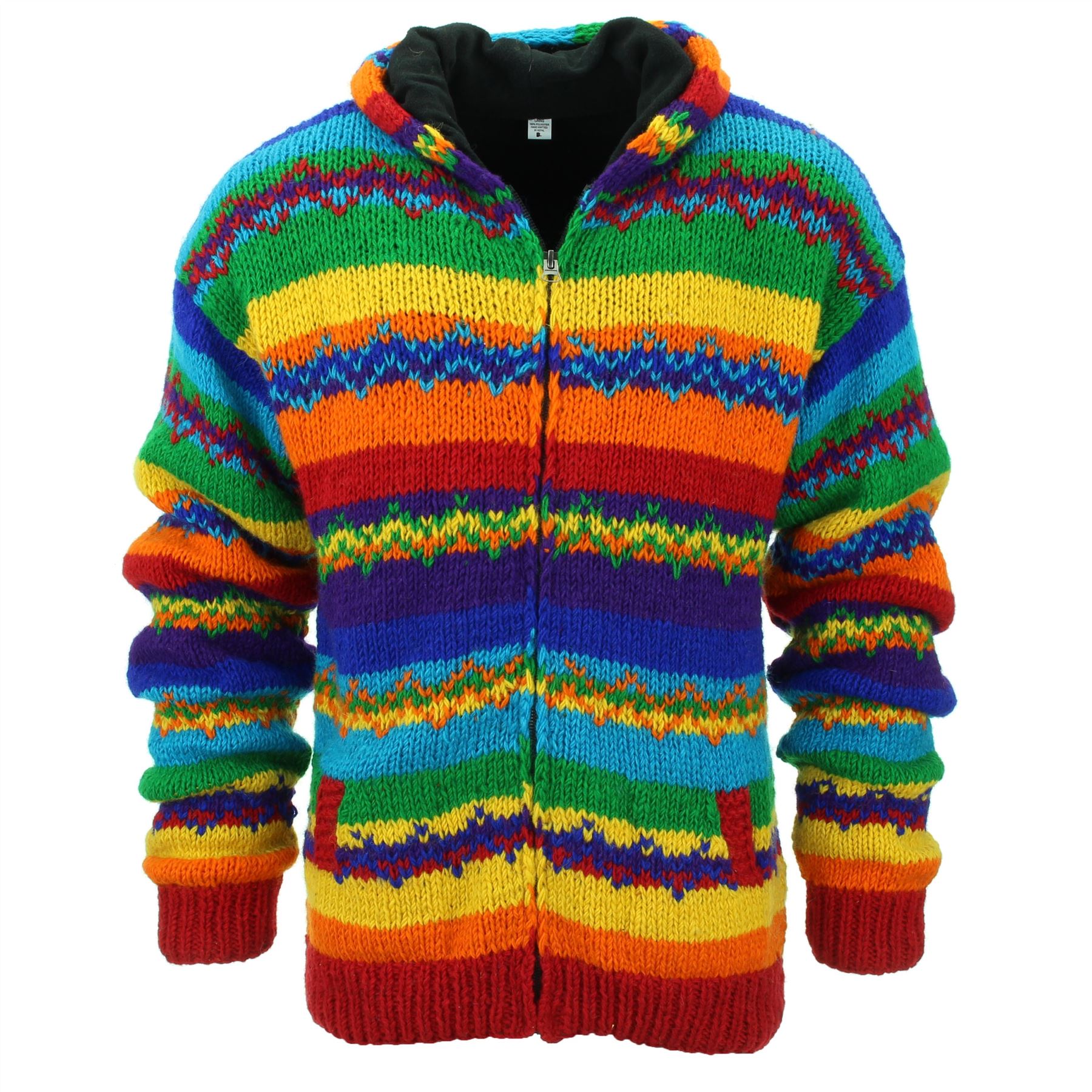 Hand Knitted Wool Hooded Jacket Cardigan Hoody Hoodie Nepal Warm Lined Ethnic - Picture 68 of 71