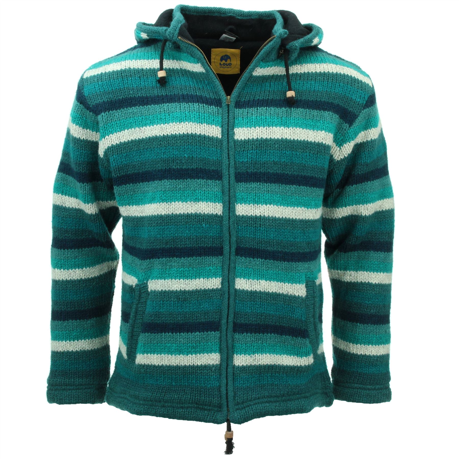 Hand Knitted Wool Hooded Jacket Cardigan Hoodie Nepal Warm Lined Boho Zip - Picture 51 of 100
