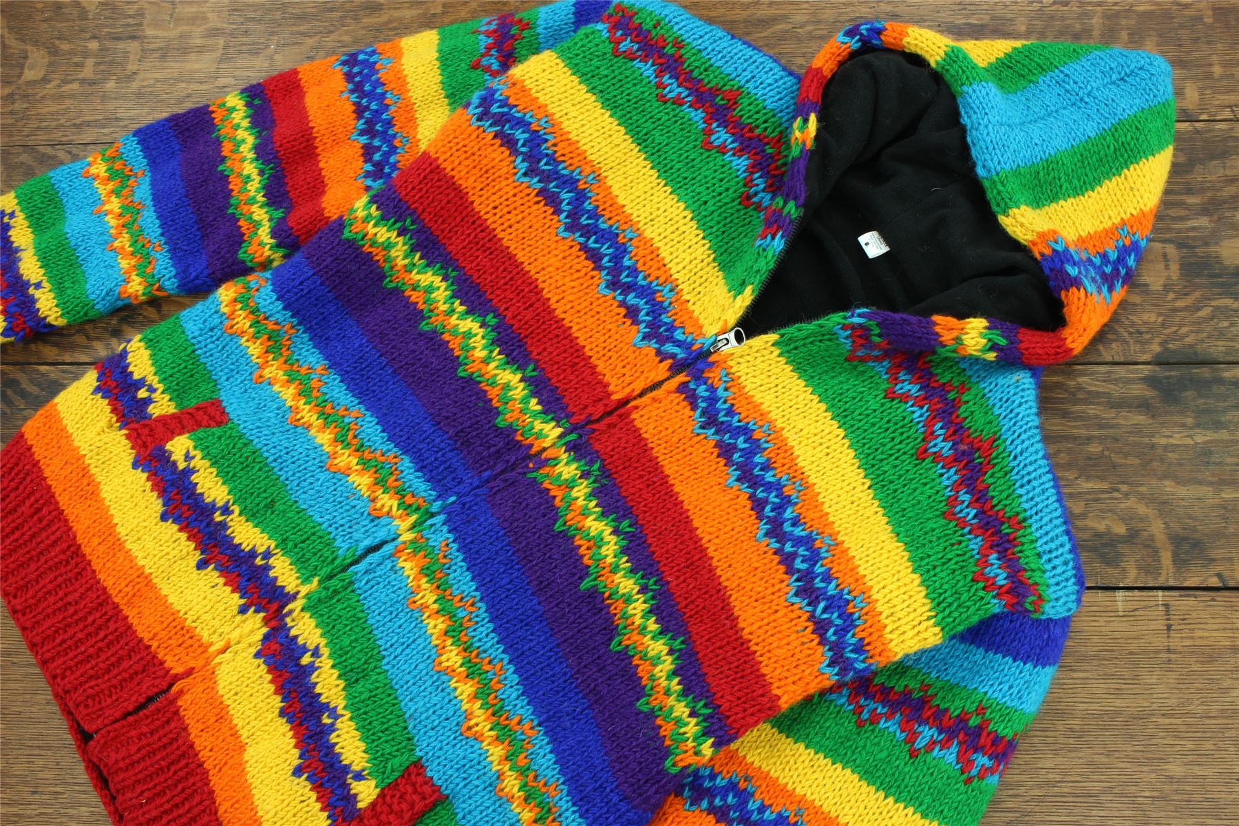 Hand Knitted Wool Hooded Jacket Cardigan Hoody Hoodie Nepal Warm Lined Ethnic - Picture 70 of 71