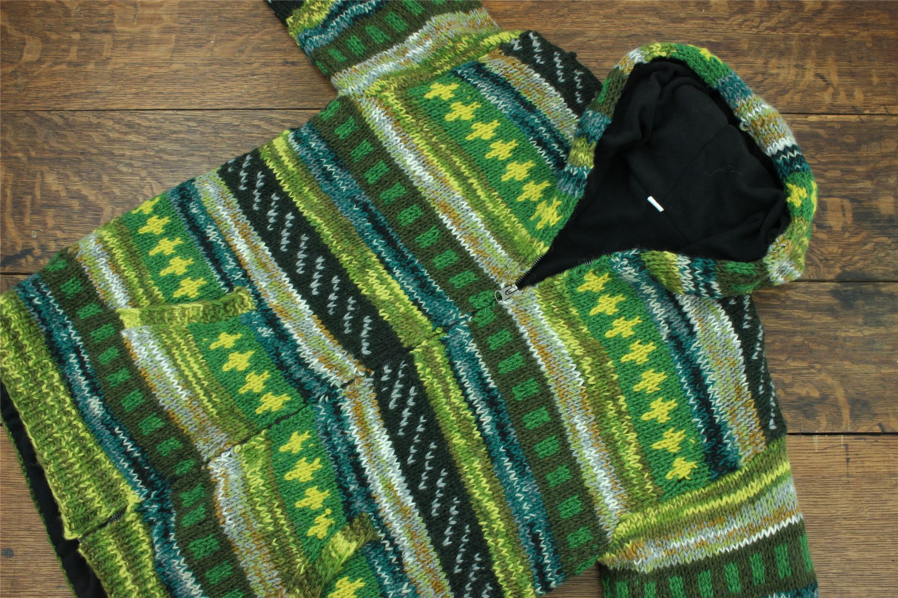 Hand Knitted Wool Hooded Jacket Cardigan Hoody Hoodie Nepal Warm Lined Ethnic - Picture 12 of 71