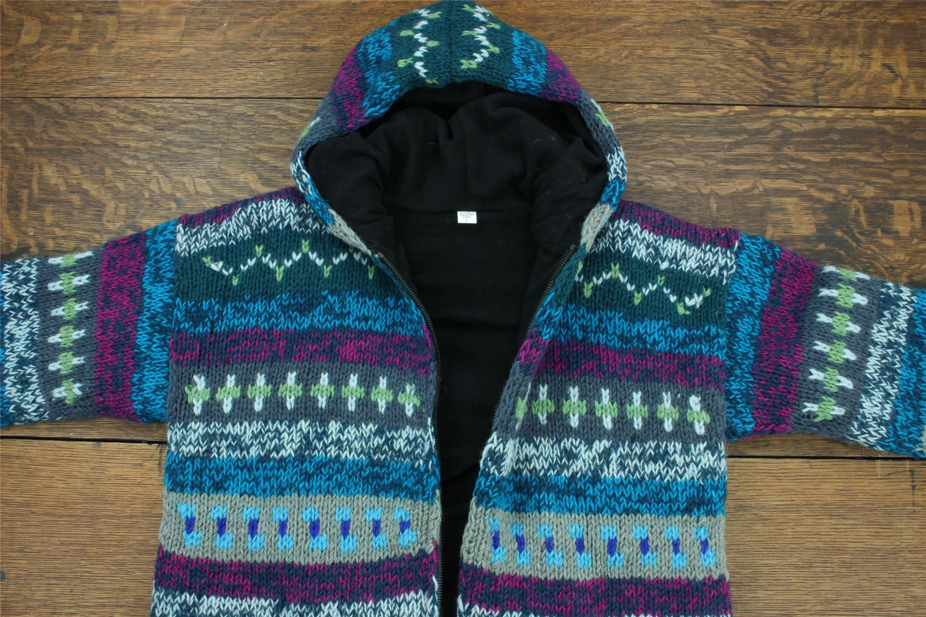 Hand Knitted Wool Hooded Jacket Cardigan Hoody Hoodie Nepal Warm Lined Ethnic - Picture 6 of 71