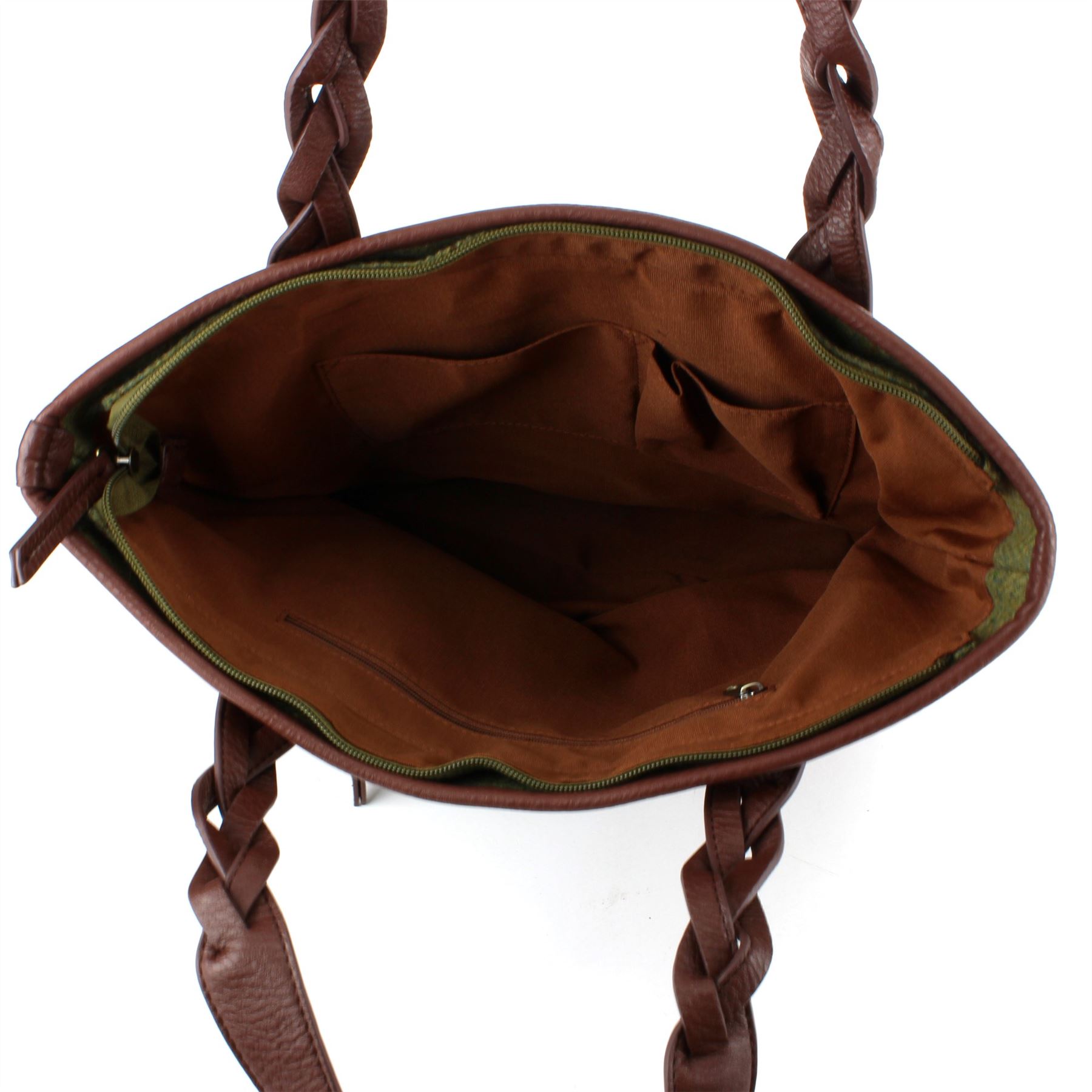 Bag Shopper Tote Handbag Handle Strap Leather Tweed Green Wool Womens Hawkins - Picture 6 of 11