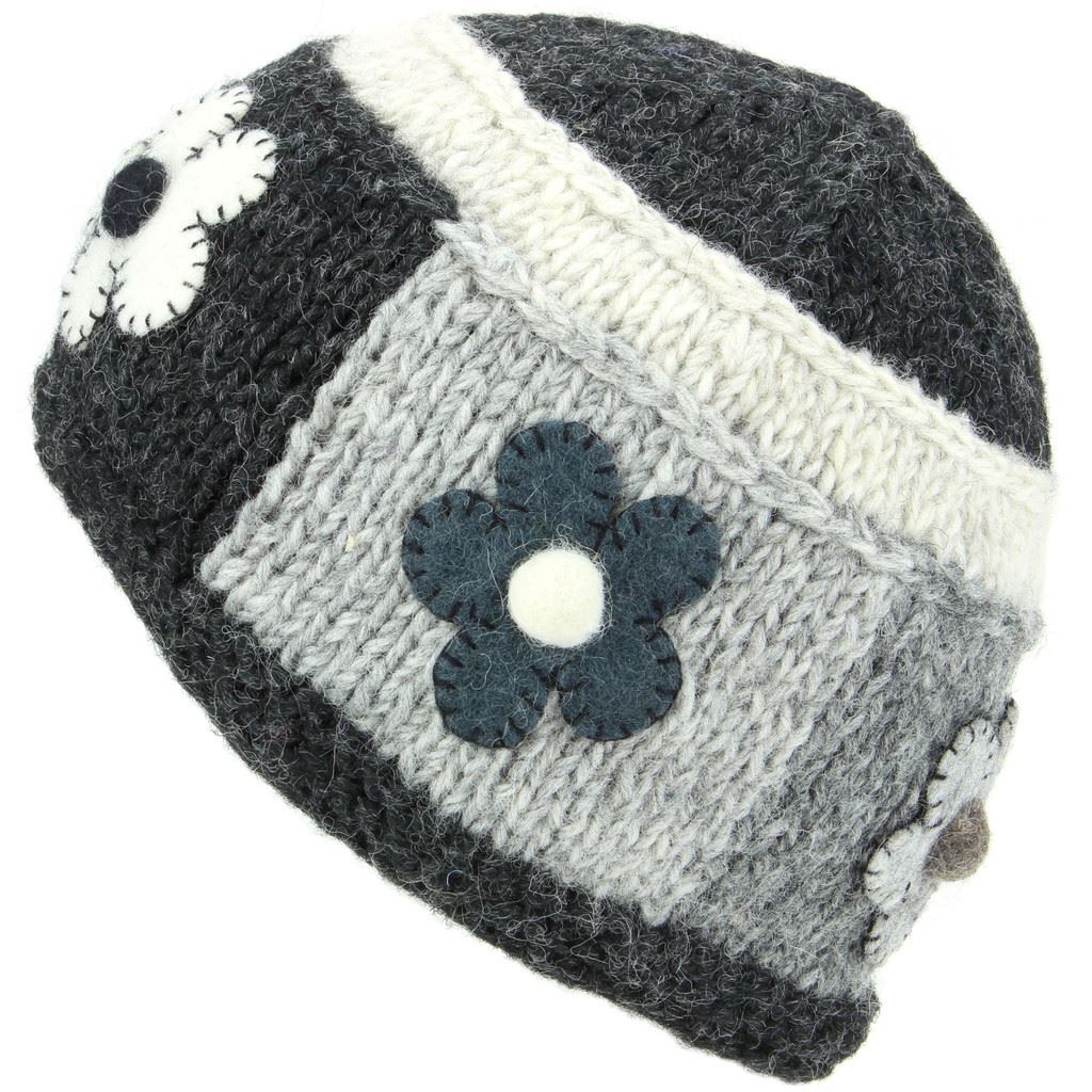 Wool Knit Beanie Hat Ladies Women Warm Winter Knitted Flower Patch Lined - Picture 2 of 13