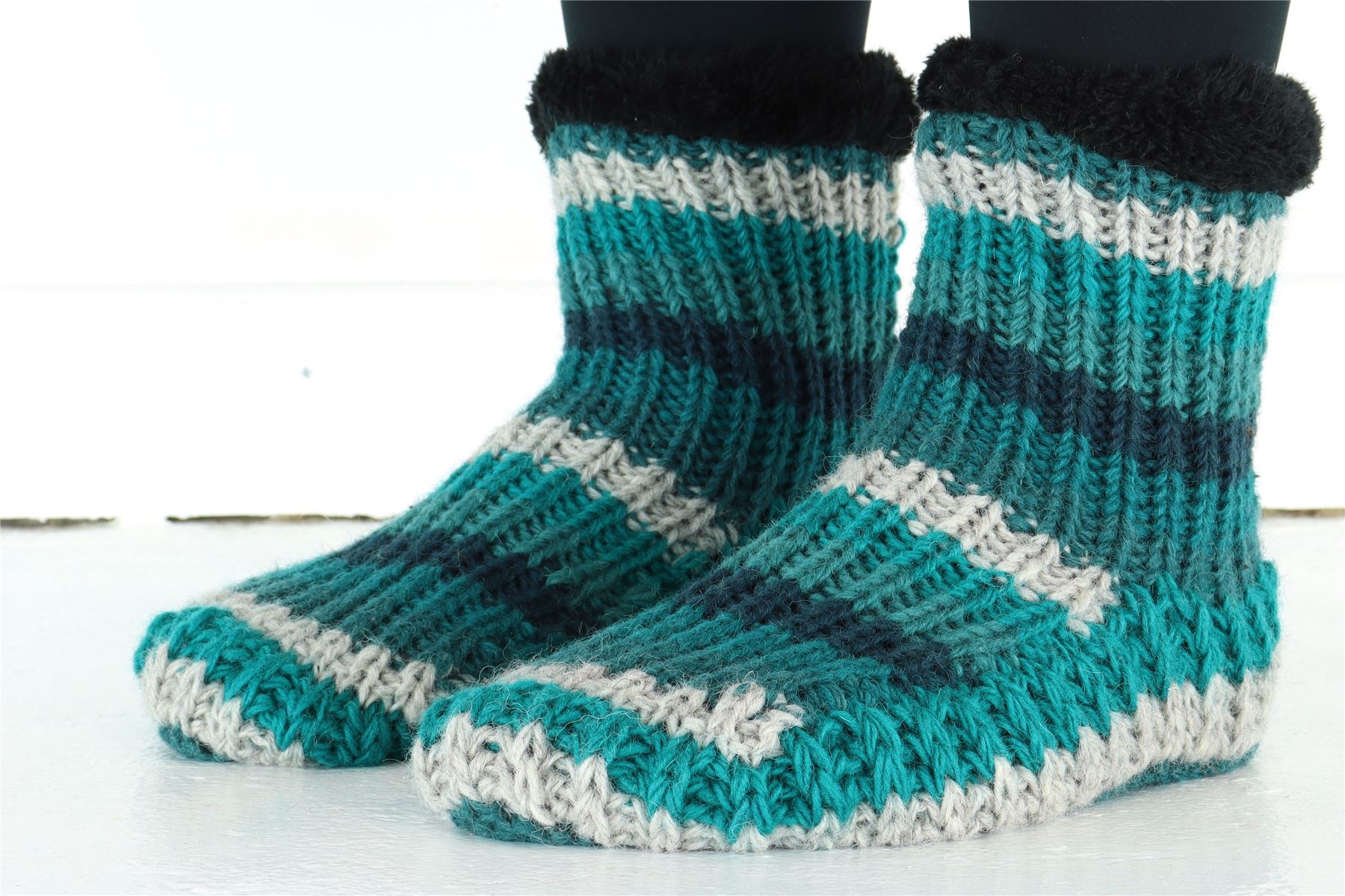 Handgestrickte Wolle Hausschuhe Socken Sherpa Futter Handarbeit warm UK 3-8 EU 36-42 - Bild 62 von 65