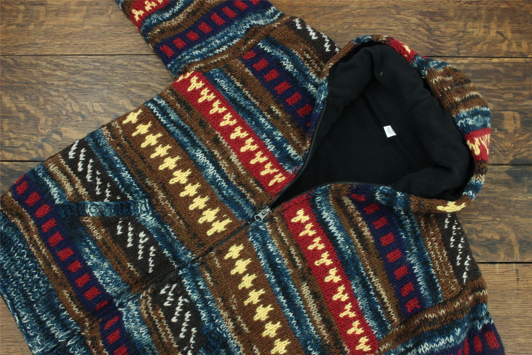 Hand Knitted Wool Hooded Jacket Cardigan Hoody Hoodie Nepal Warm Lined Ethnic - Picture 19 of 71