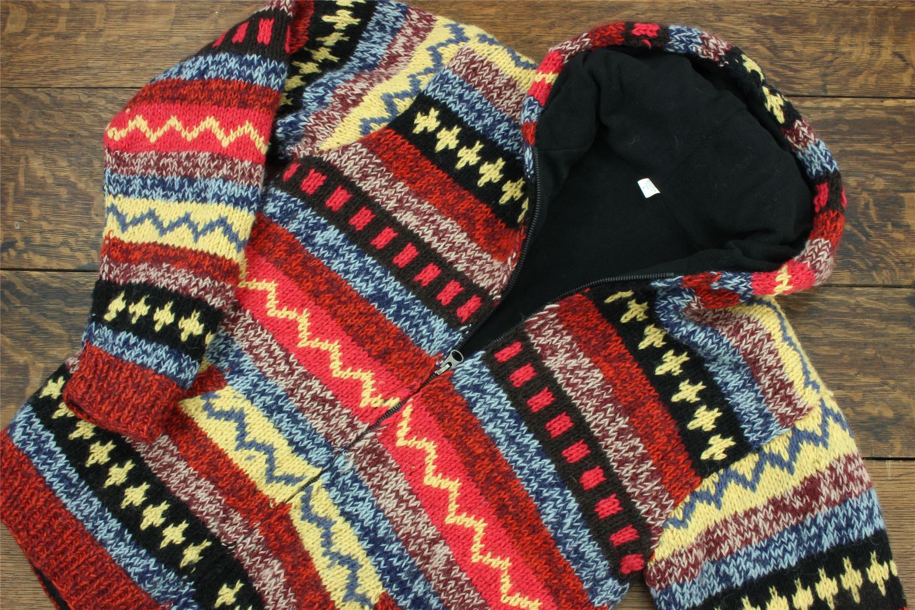 Hand Knitted Wool Hooded Jacket Cardigan Hoody Hoodie Nepal Warm Lined Ethnic - Picture 32 of 71