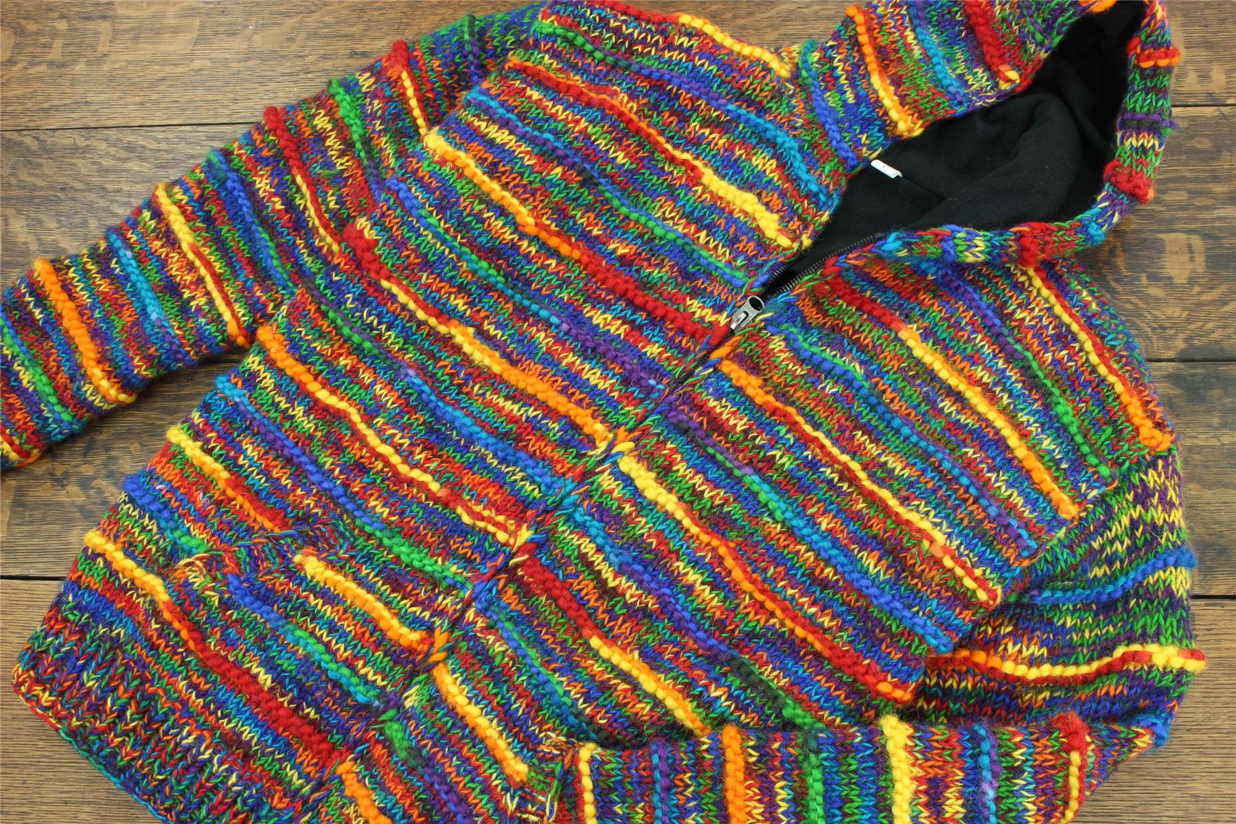 Hand Knitted Wool Hooded Jacket Cardigan Hoody Hoodie Nepal Warm Lined Ethnic - Picture 60 of 71
