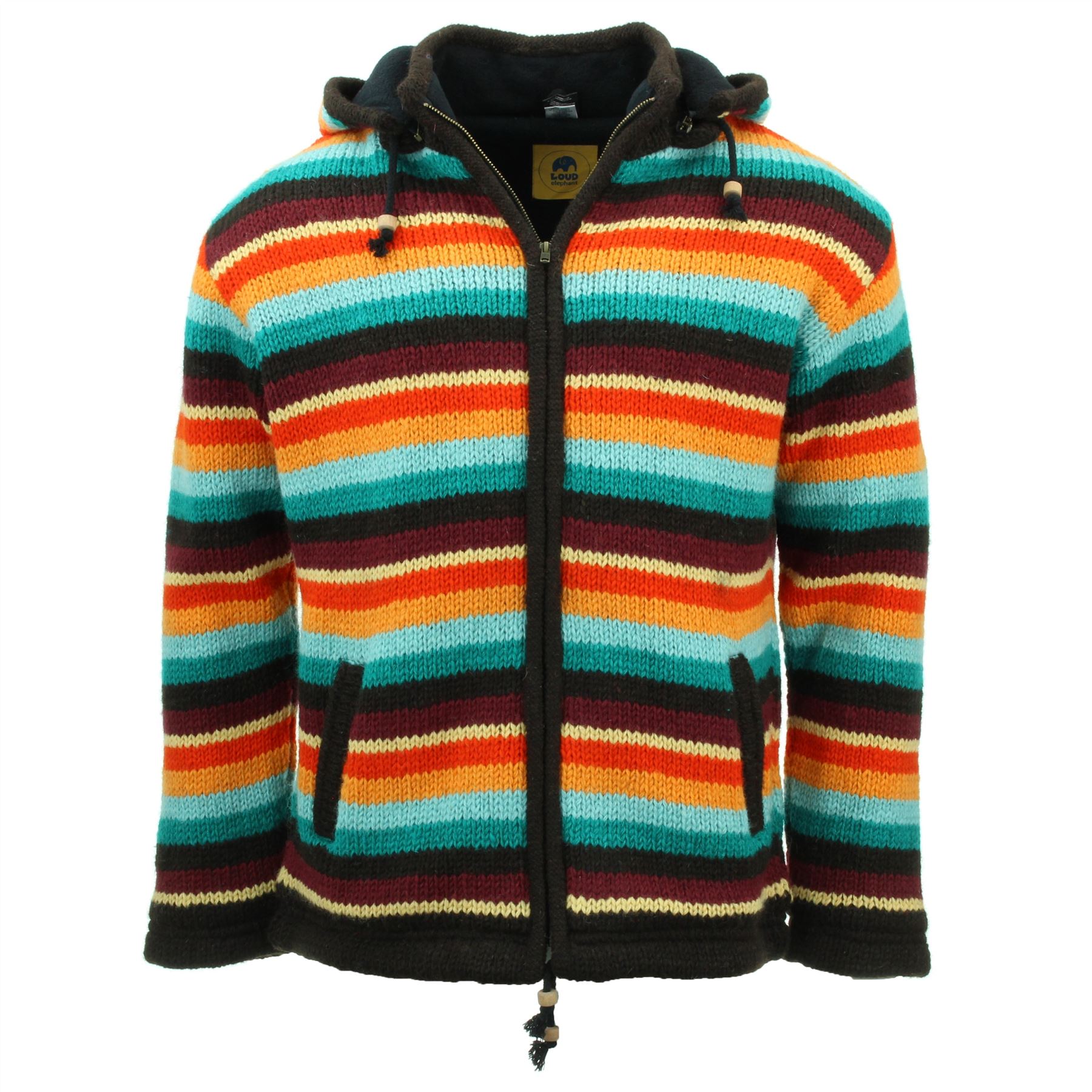 Hand Knitted Wool Hooded Jacket Cardigan Hoodie Nepal Warm Lined Boho Zip - Picture 36 of 100