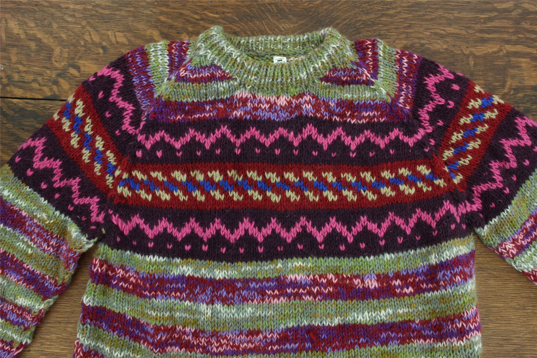 Wool Knit Jumper Sweater Pullover Fairisle Nordic Abstract Warm Nepal Loose - Picture 55 of 81