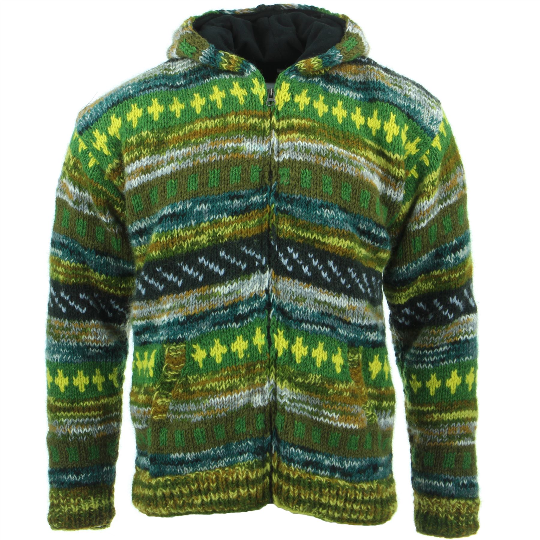 Hand Knitted Wool Hooded Jacket Cardigan Hoody Hoodie Nepal Warm Lined Ethnic - Picture 10 of 71