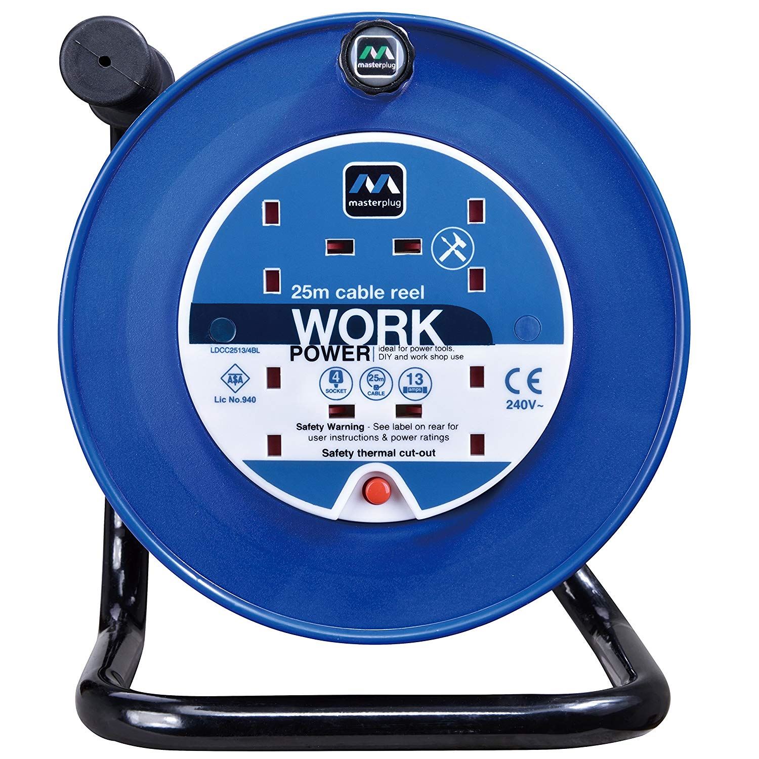 Masterplug 25m 4 Socket Electrical Cable Reel 13 amps 240V 3120W fully unwound