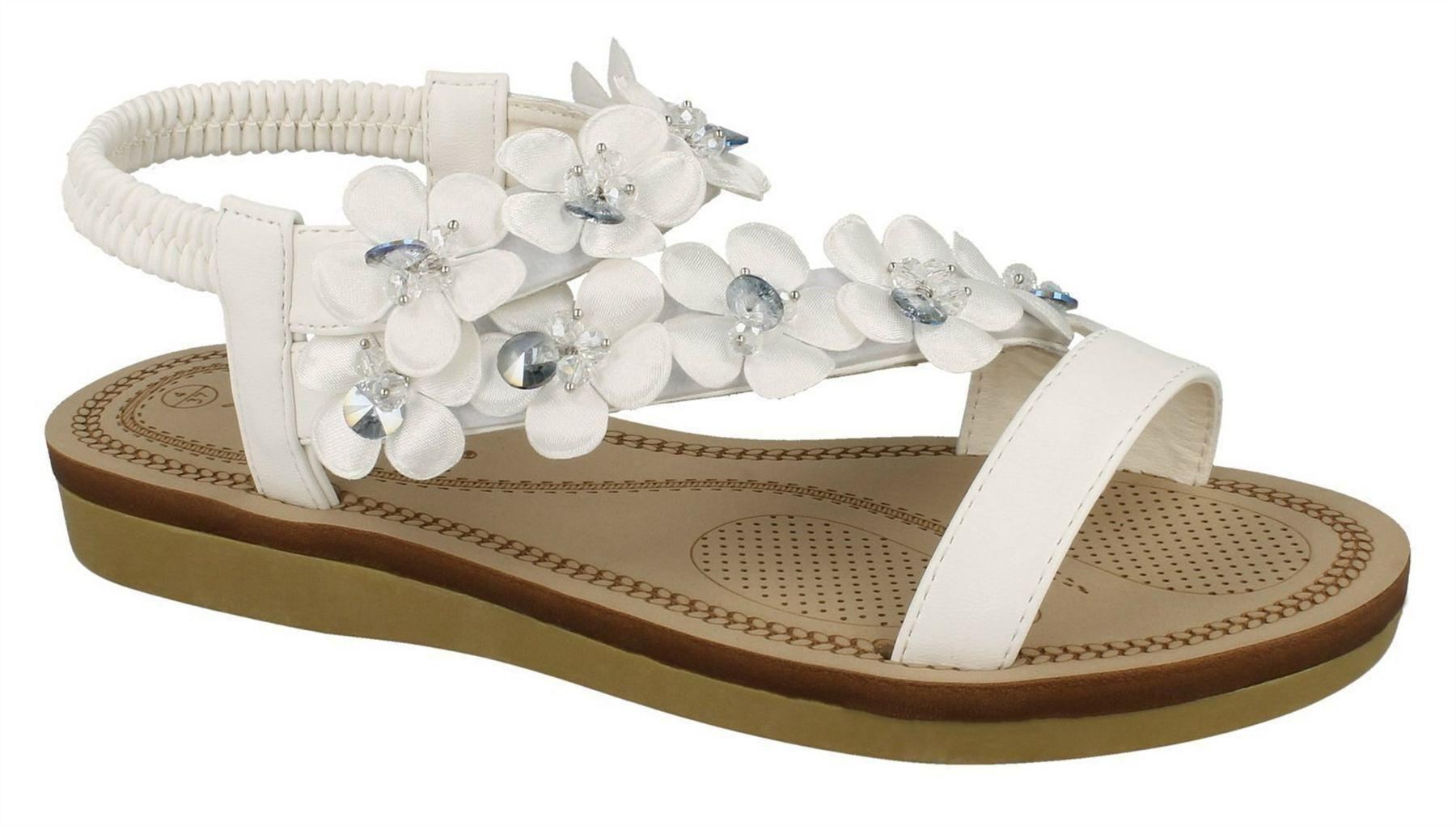 Ladies Womens New Comfort Toe Loop Y Strap Flower Trim Flat Sandals Shoes Size | eBay