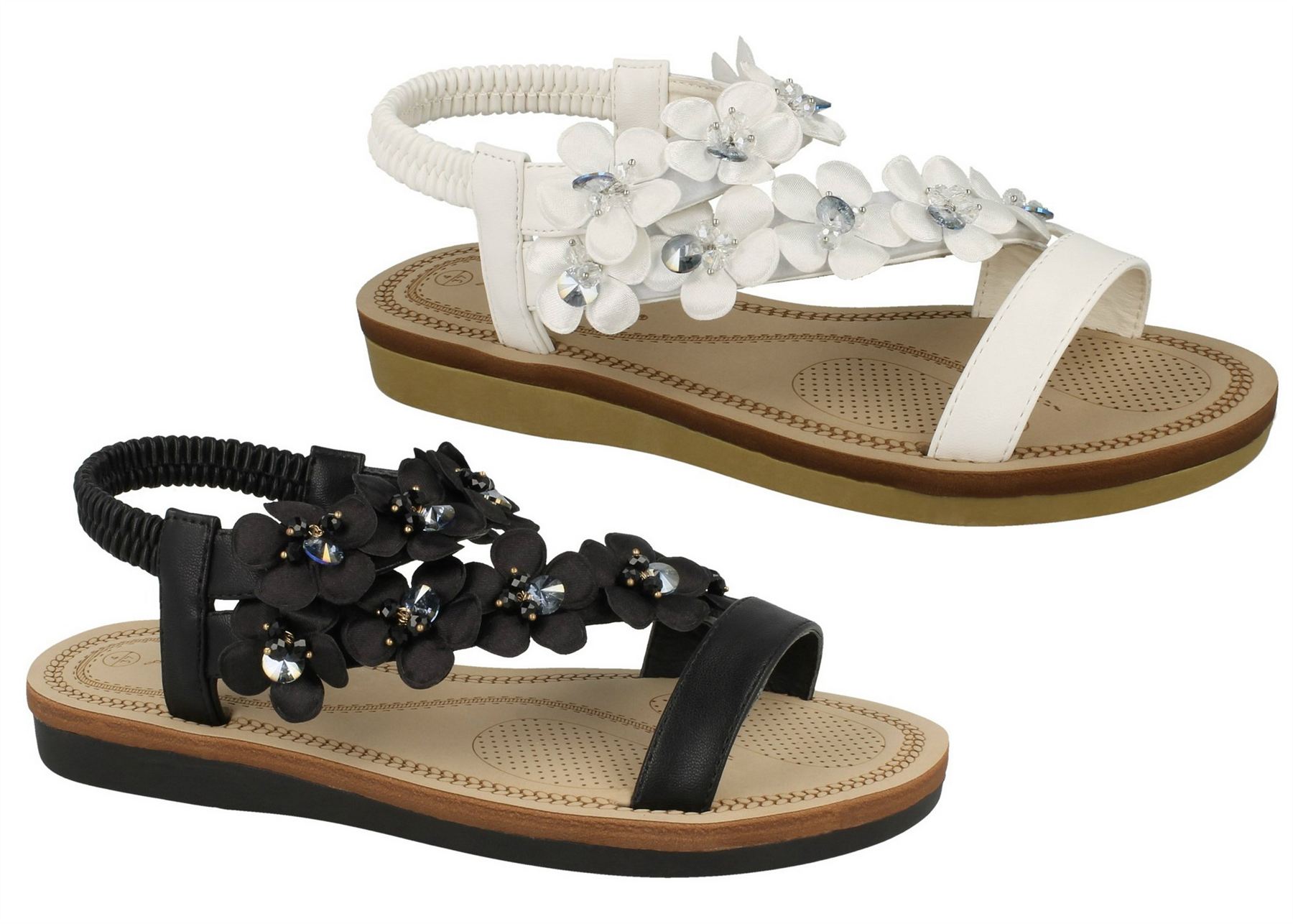 Ladies Womens New Comfort Toe Loop Y Strap Flower Trim Flat Sandals Shoes Size | eBay