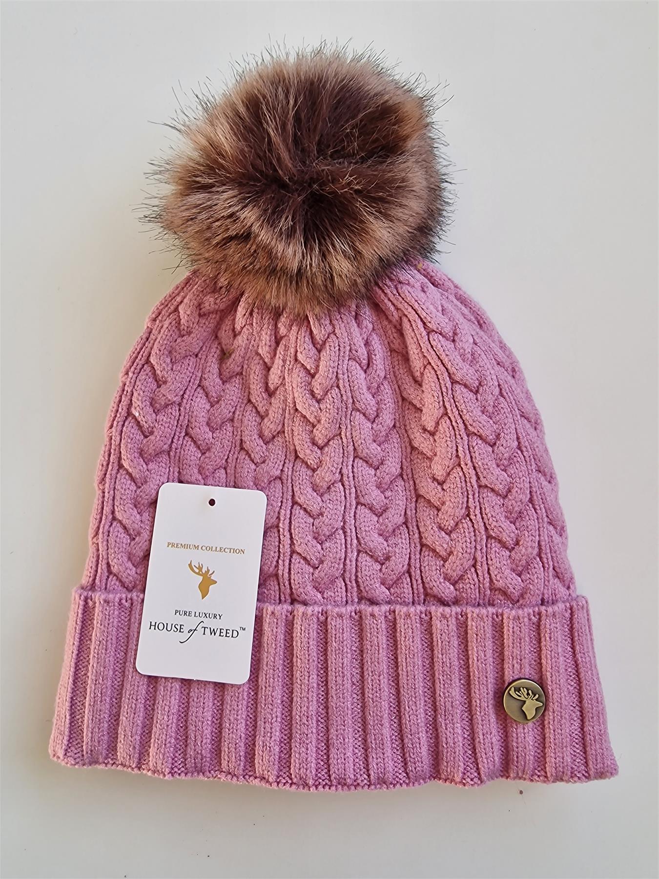 Pink Two Bobble Hat Womens Womens Winter Hat Cable Knit Bobble
