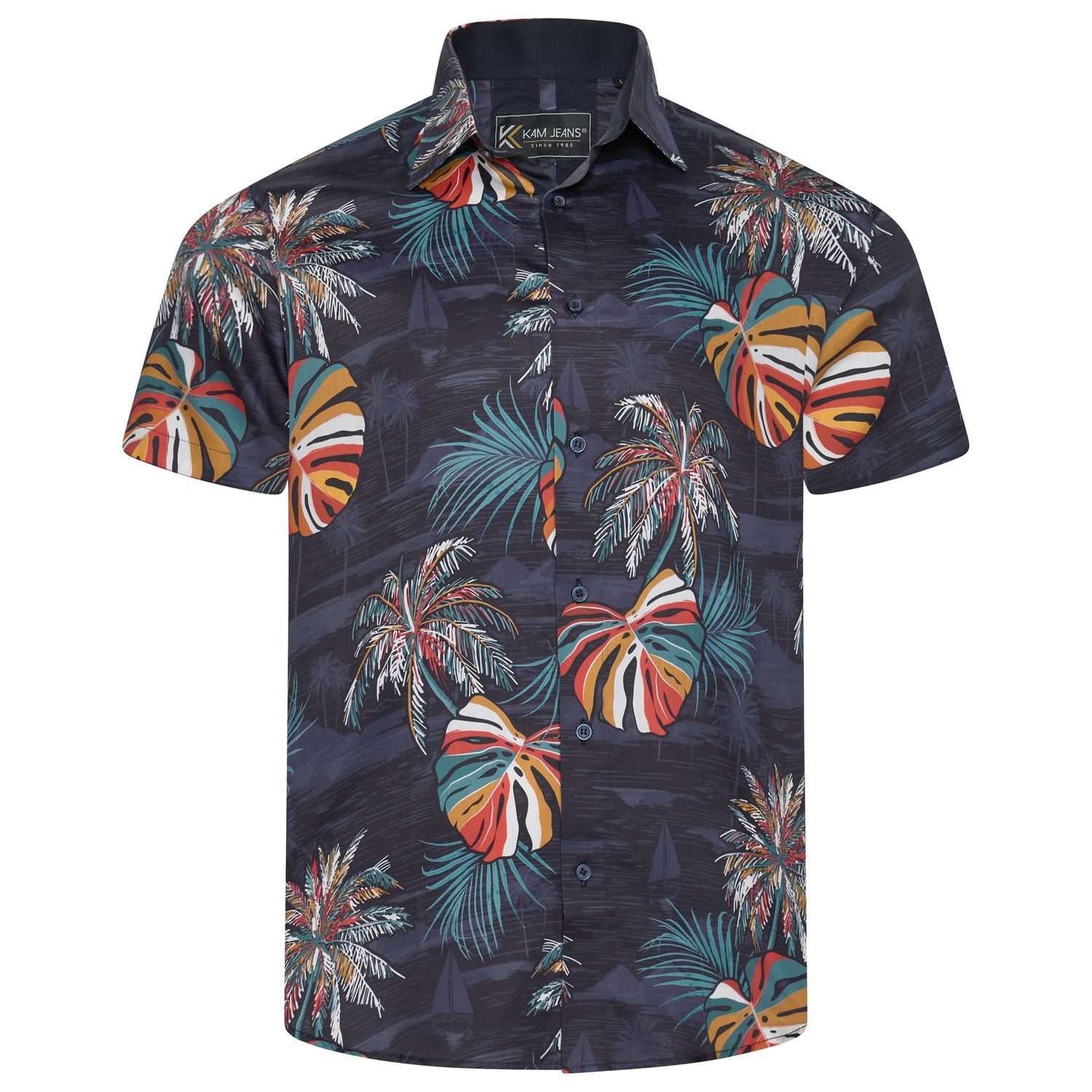 KAM Short Sleeve Acorn Palm Print Shirt For Men in Navy, 2XL-8XL