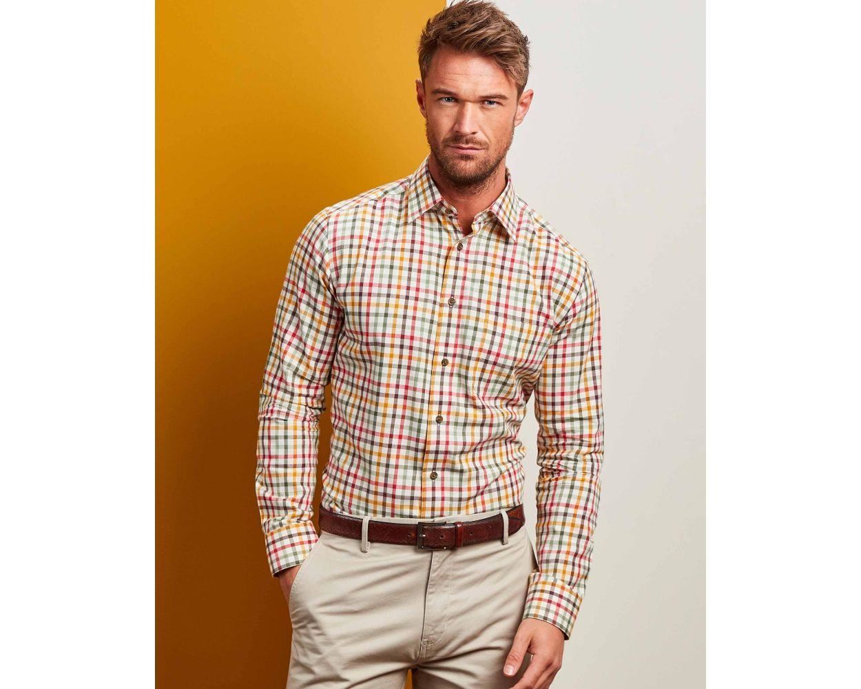 Double Two Men's Classic Fit Long Sleeve Pure Cotton Check Shirt 18.5-23, Gold - Picture 13 of 19