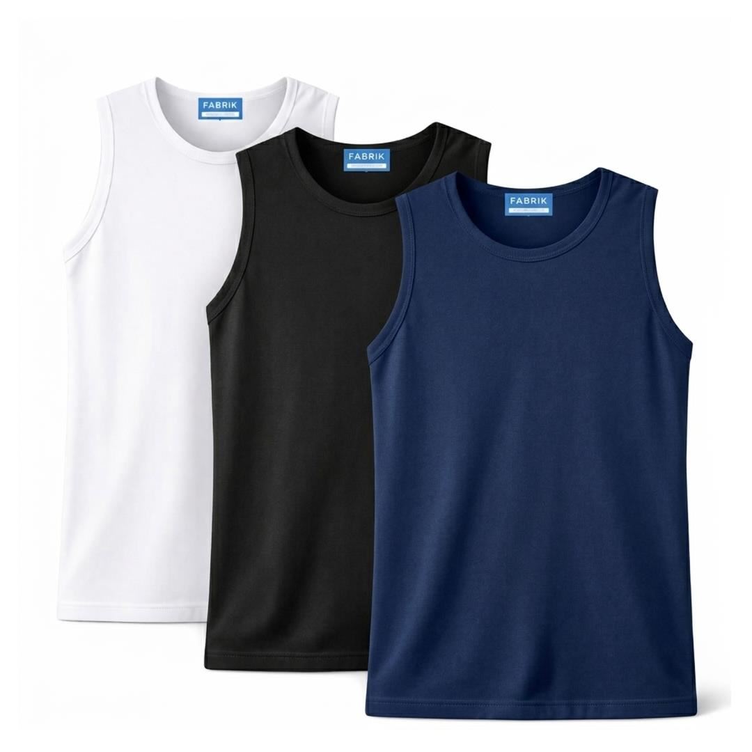 Fabrik Pure Cotton Long Length Muscle Vest For Men 3 Pack In 3 Colours, 2XL-8XL