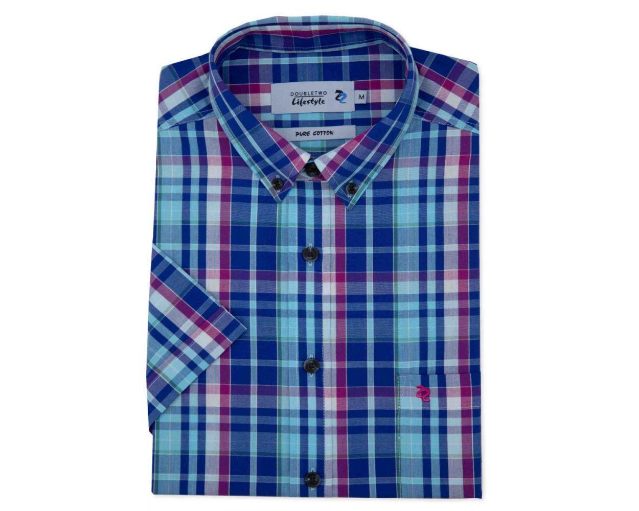 Double Two Life Style Men's Pure Cotton Short Sleeve Check Shirt (1040A) Magenta - Picture 9 of 11