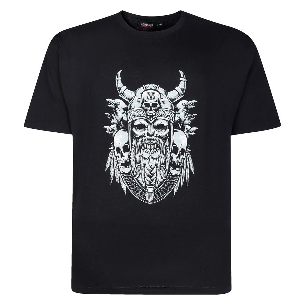 Espionage Viking Skull Print Tee For Men in Black, 2XL-8XL