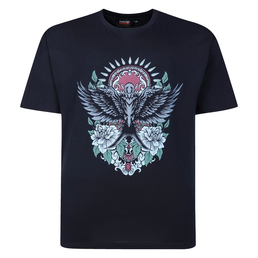 Espionage Tiger Swallow Print Tee For Men in Navy, 2XL-8XL