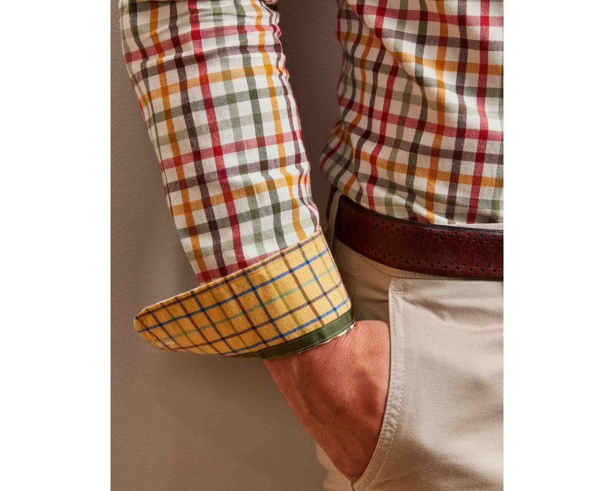 Double Two Men's Classic Fit Long Sleeve Pure Cotton Check Shirt 18.5-23, Gold - Picture 10 of 19