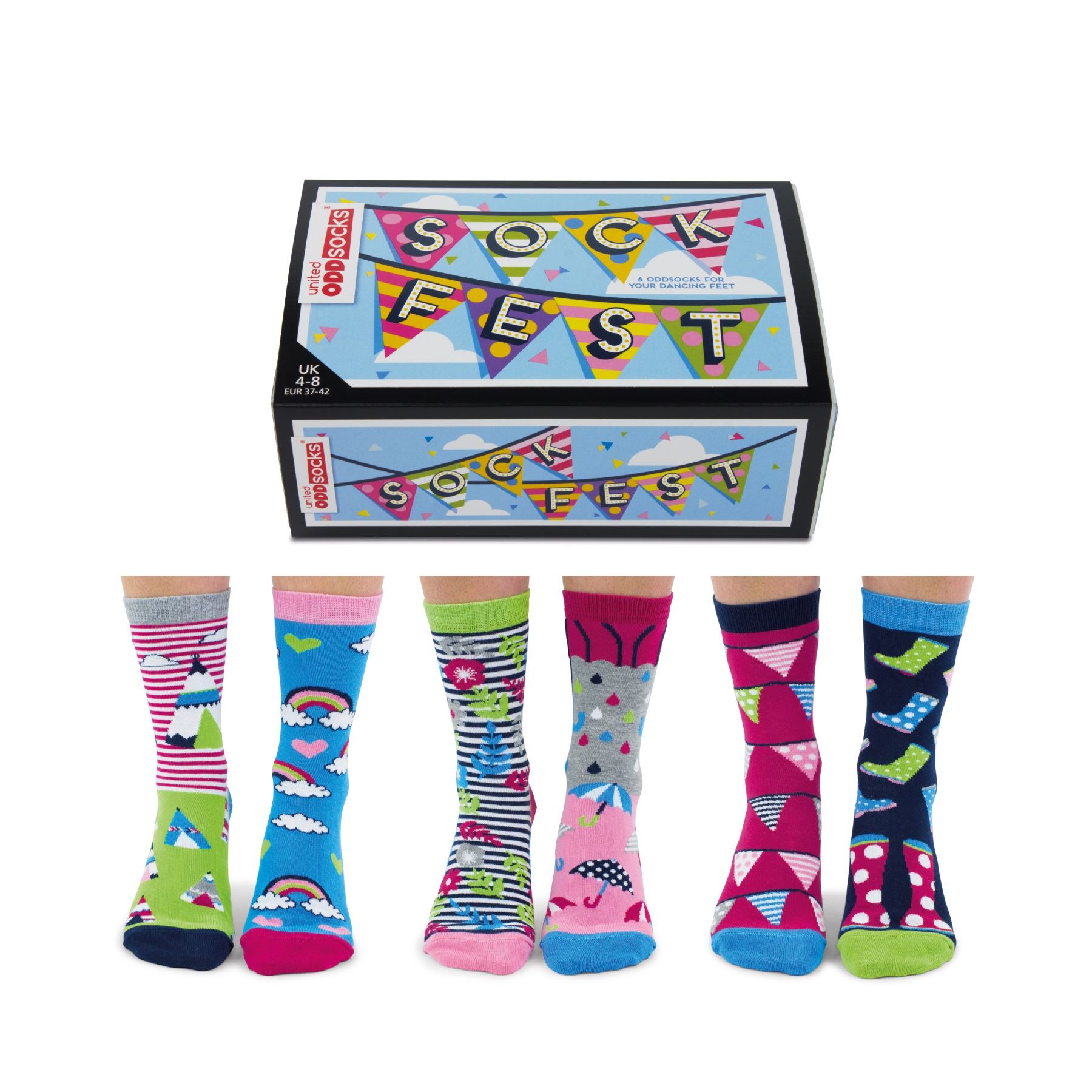 United Oddsocks Sock Fest Mismatched Funky Bright Set Of 6 Womens UK 4