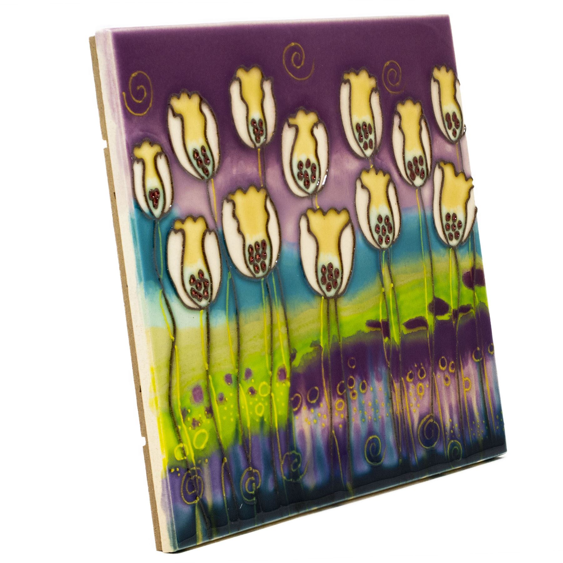 Benaya Hand Crafted 20cm Art Trivet Tile White Flowers Wall Ceramic