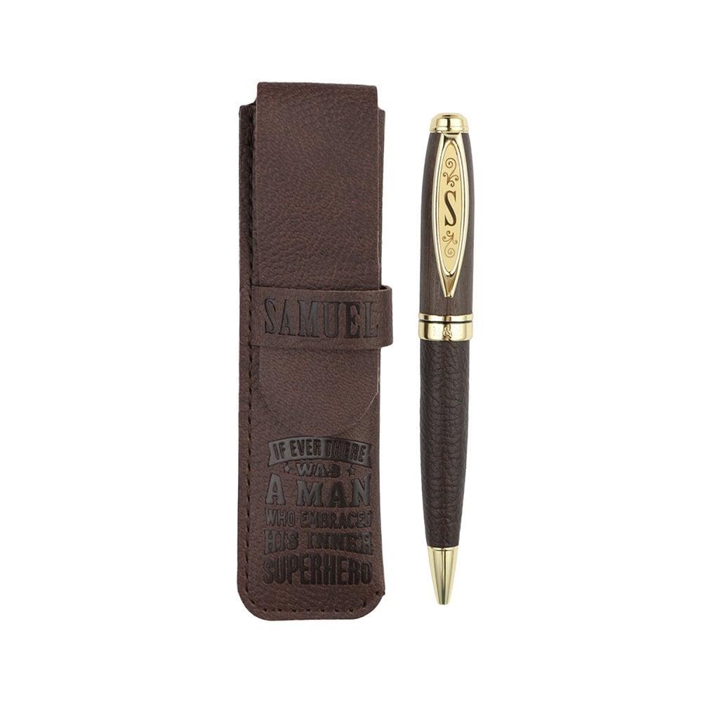 Ballpoint Pen Pre Personalised Mens Names Bamboo Blue Ink Brown Novelty Gift