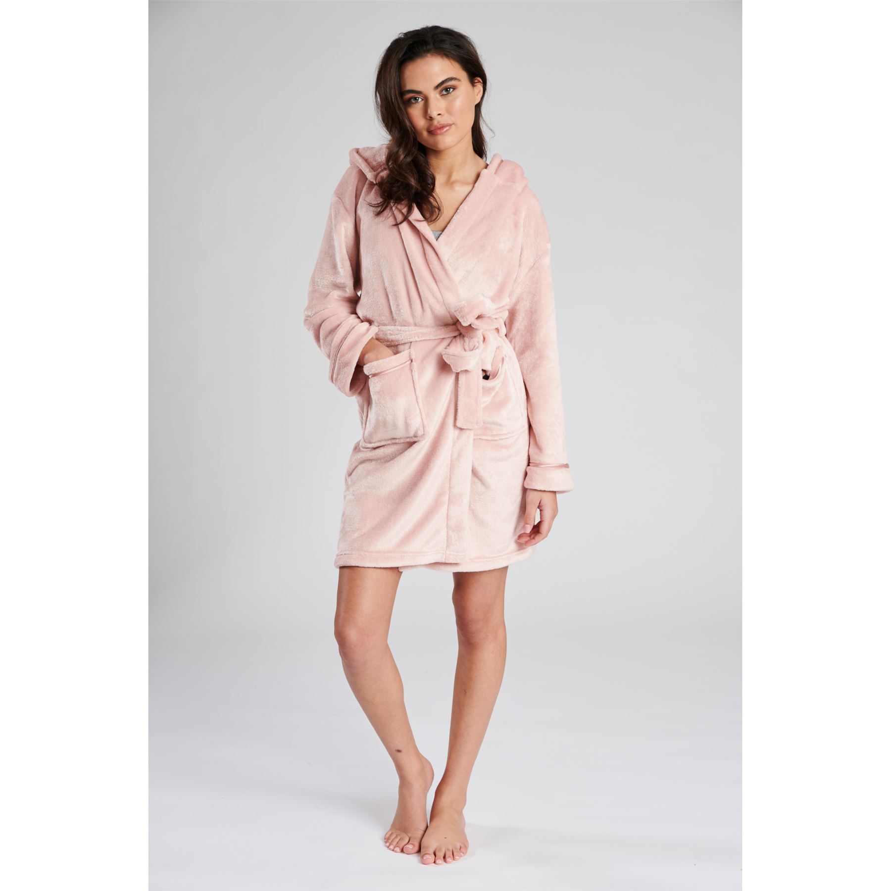 Ladies Super Soft Hooded Fleece Robe Dressing Gown - Picture 19 of 75