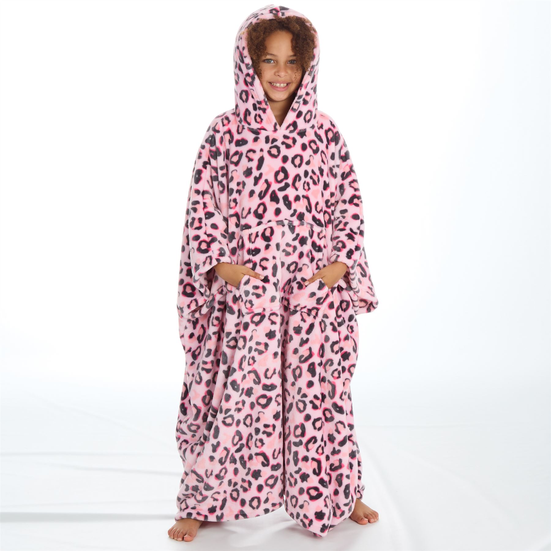 Kids Oversized Poncho Girls Fleece Hooded Pink Leopard Print Robe 7-13 Years - Picture 8 of 13